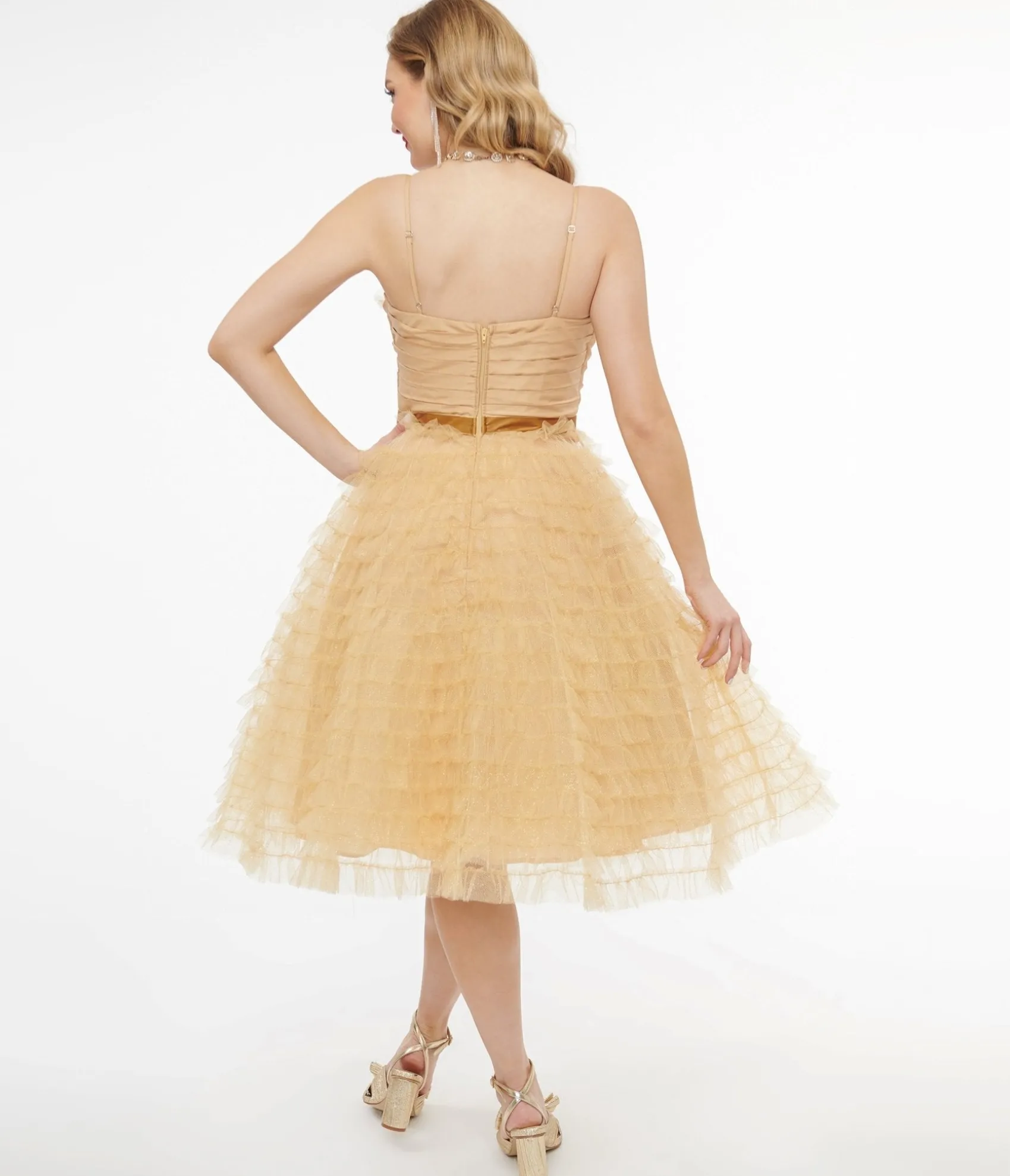Unique Vintage 1950s Gold Glitter Tulle Cupcake Swing Dress Outlet