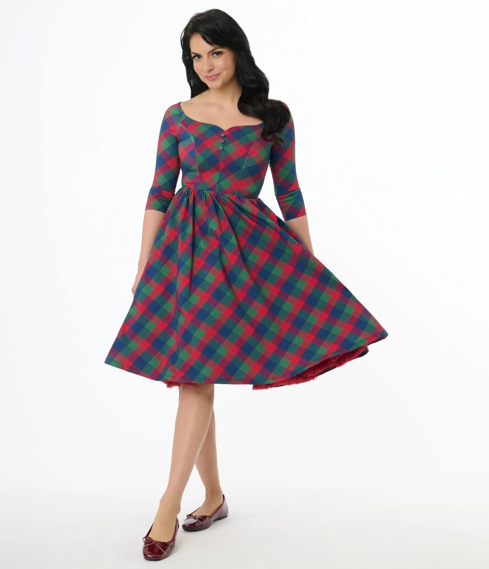 Unique Vintage 1950s Green & Red Plaid Sweetheart Swing Dress Clearance