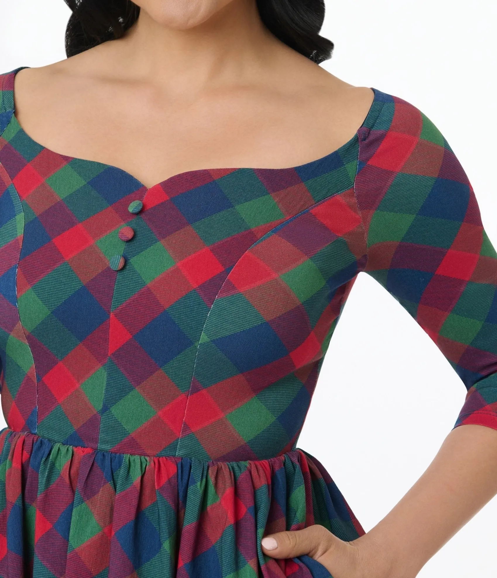 Unique Vintage 1950s Green & Red Plaid Sweetheart Swing Dress Clearance