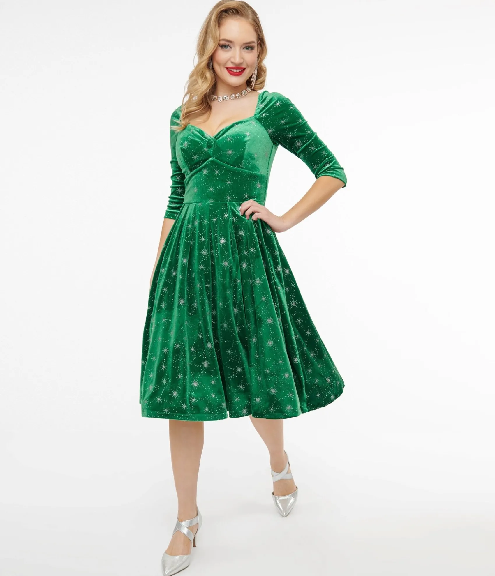 Unique Vintage 1950s Green & Silver Snowflake Velvet Lamar Swing Dress Cheap