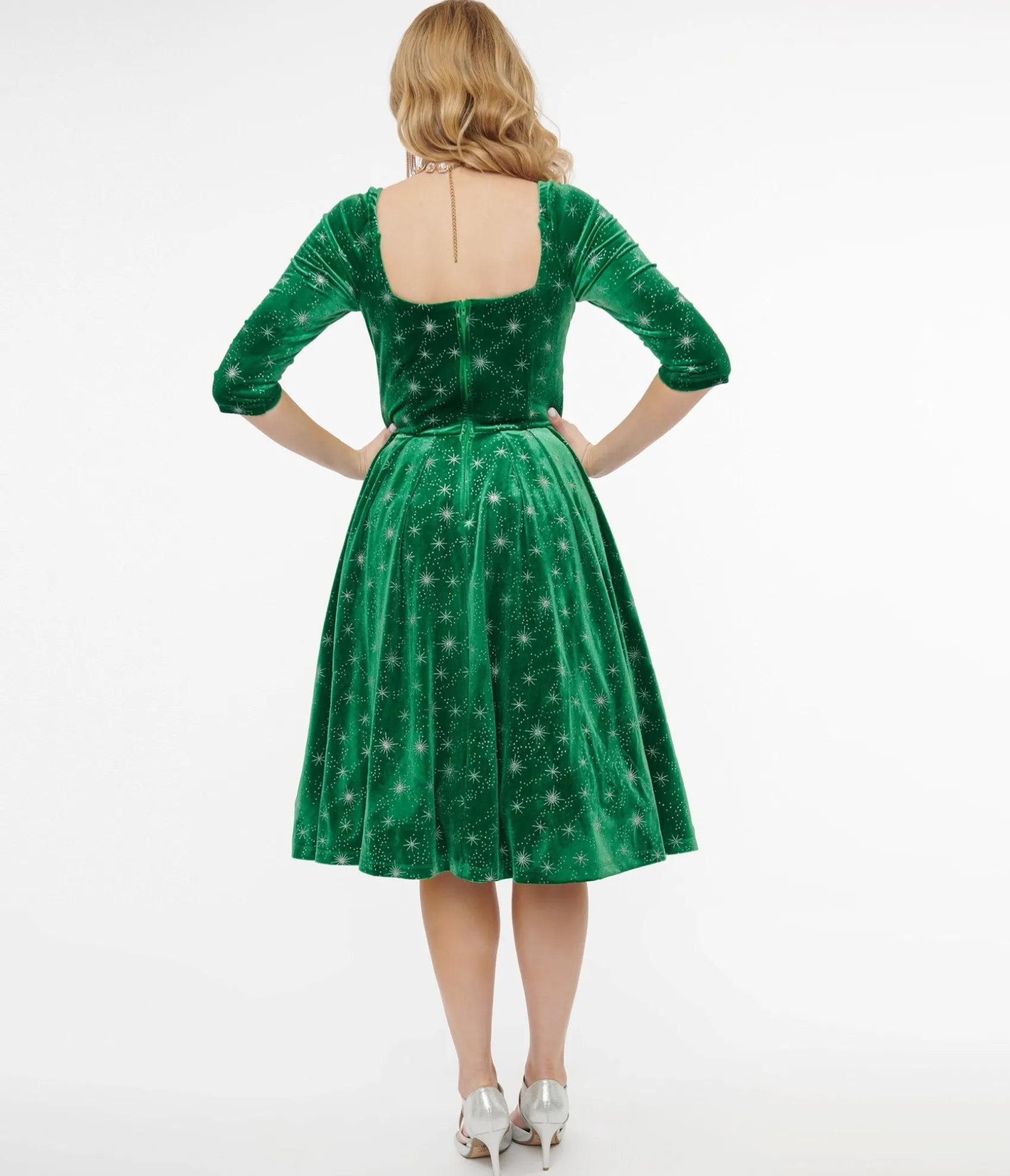 Unique Vintage 1950s Green & Silver Snowflake Velvet Lamar Swing Dress Cheap