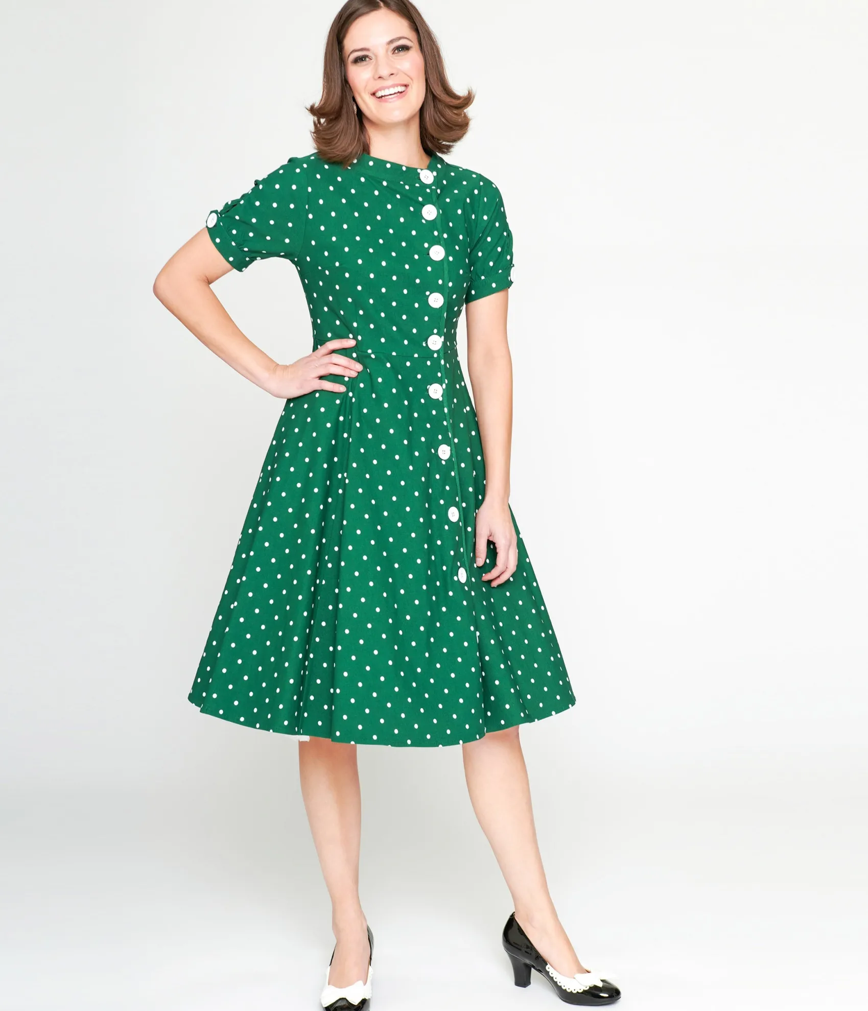 Unique Vintage 1950s Green & White Pin Dot Contrast Button Swing Dress Cheap