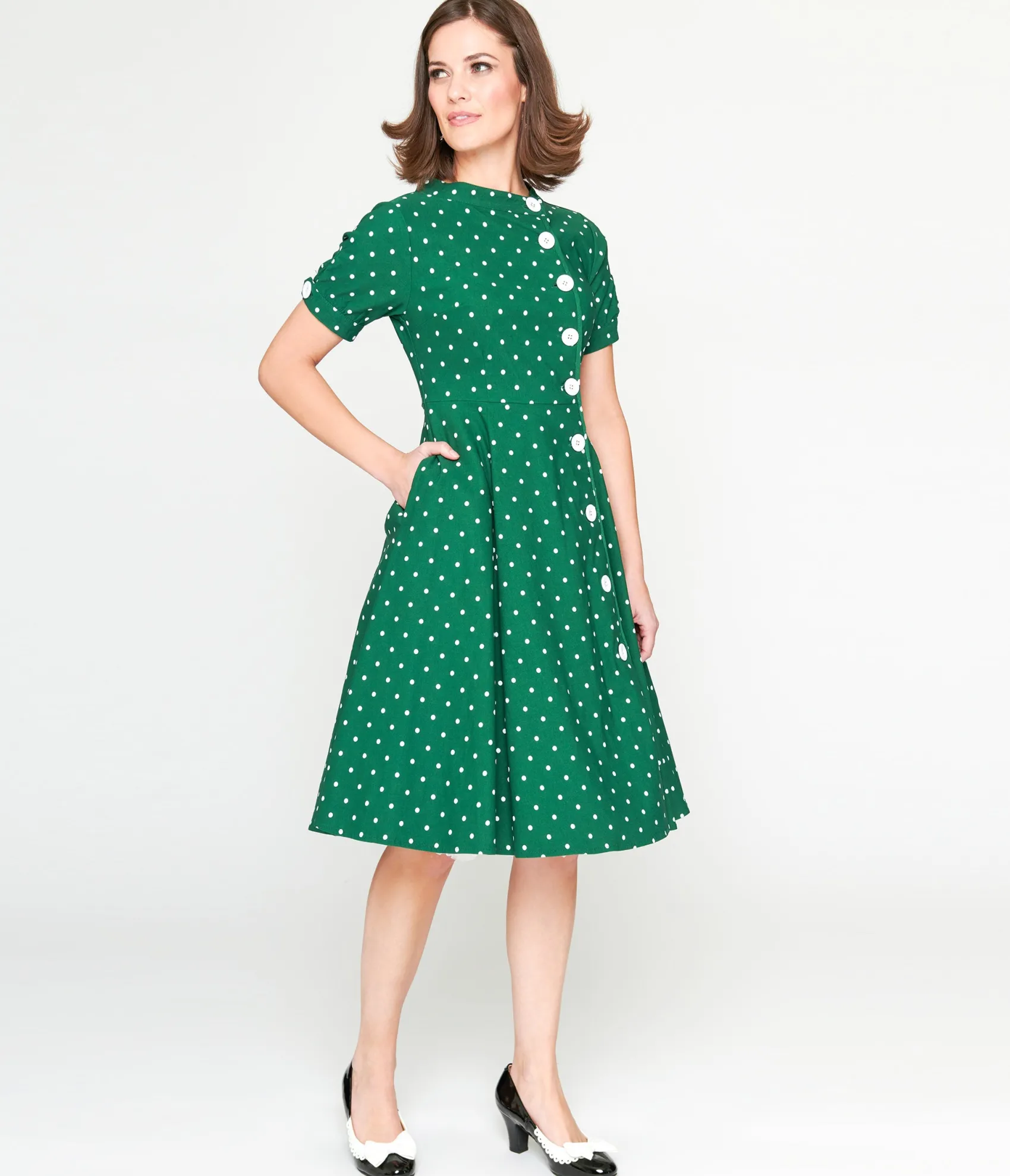 Unique Vintage 1950s Green & White Pin Dot Contrast Button Swing Dress Cheap