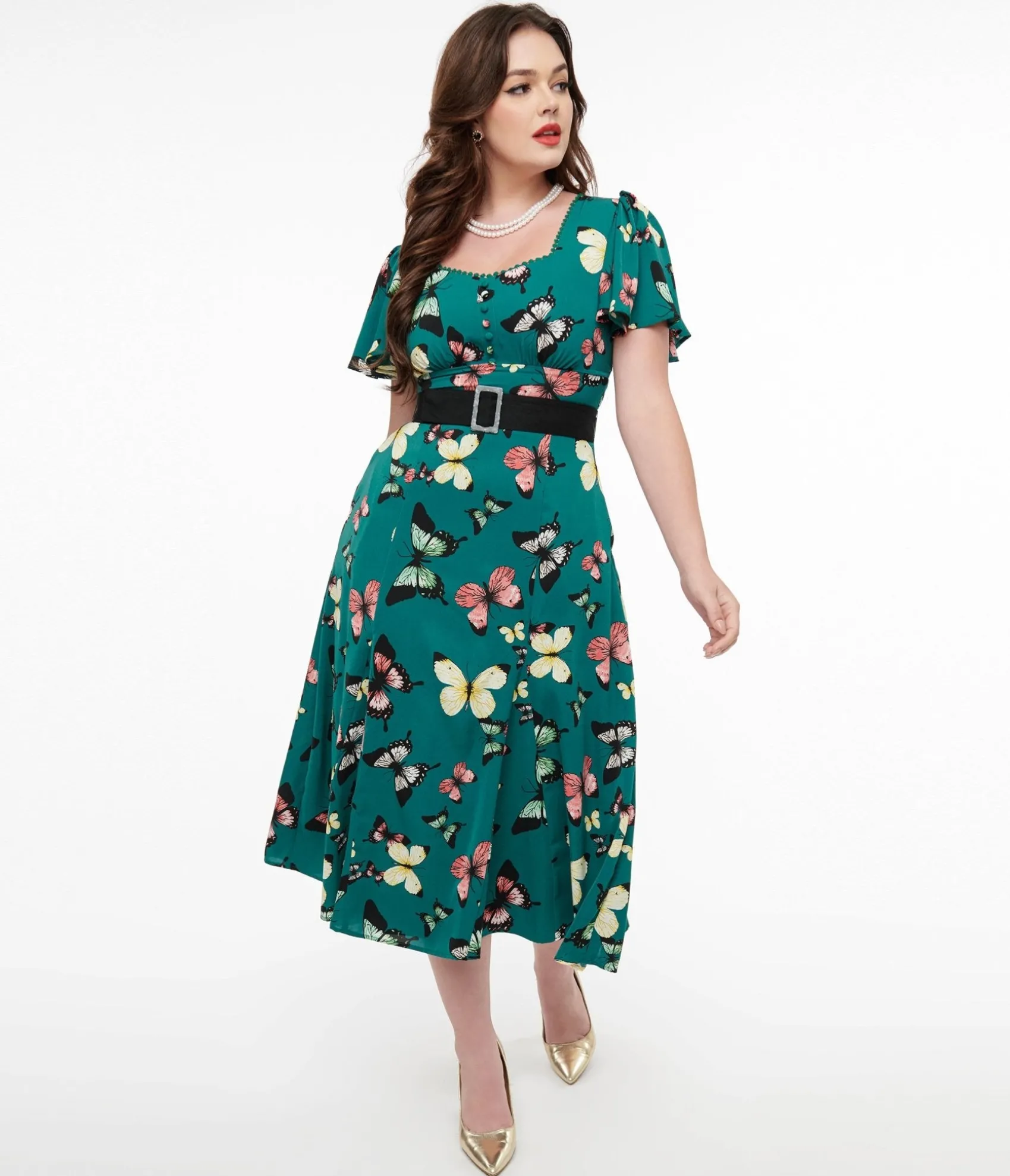 Unique Vintage 1940s Green Butterfly Print Midi Dress Clearance