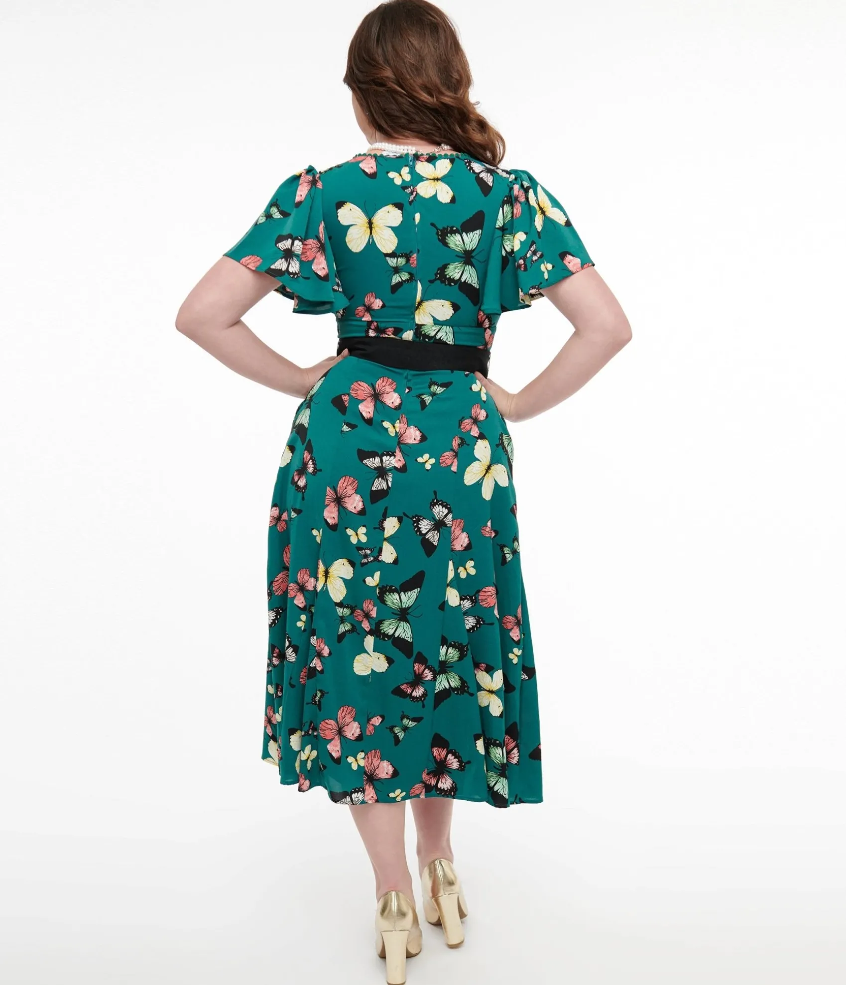 Unique Vintage 1940s Green Butterfly Print Midi Dress Clearance