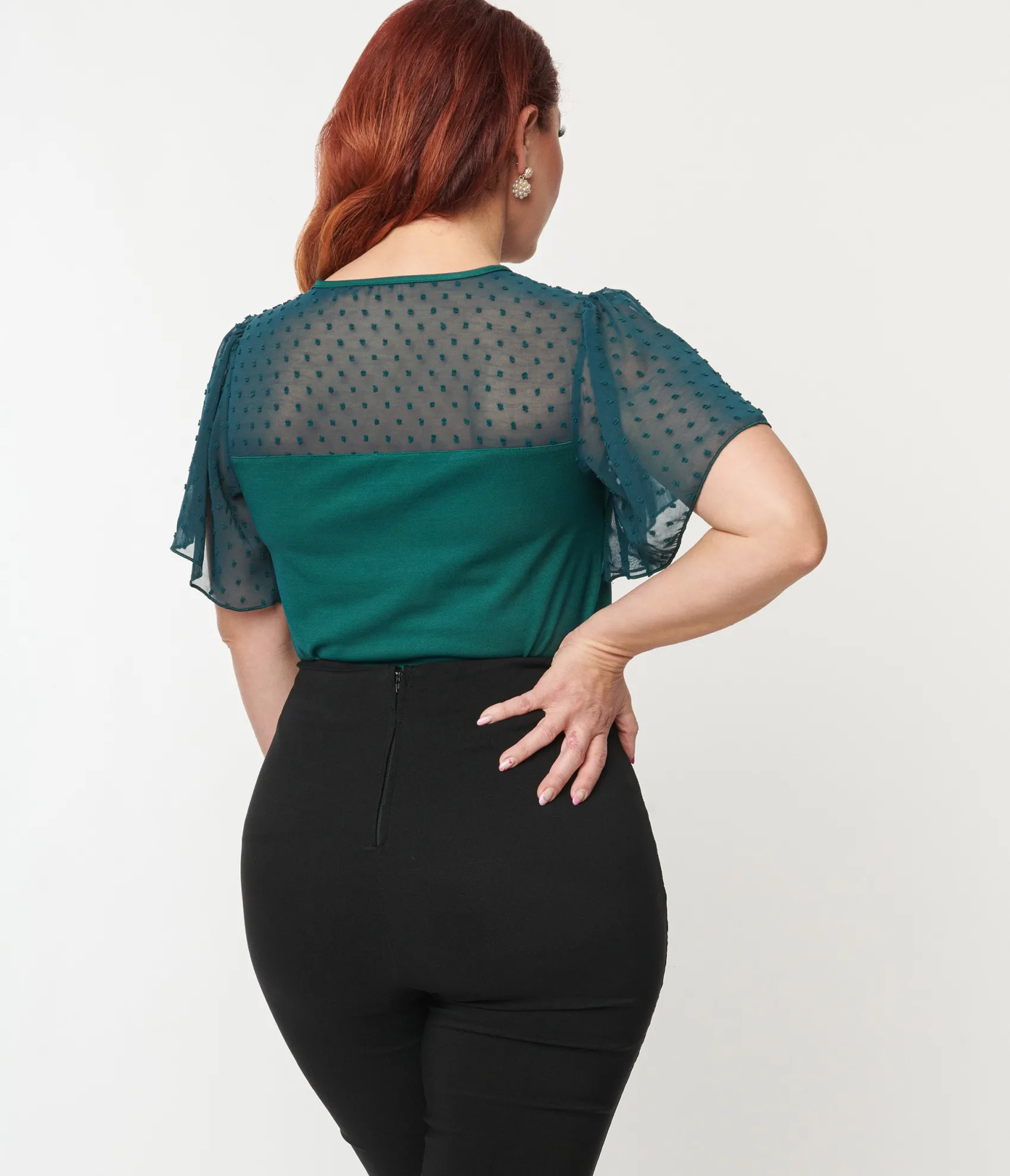 Unique Vintage 1950s Green Clipdot Flutter Sleeve Sweetheart Top Cheap