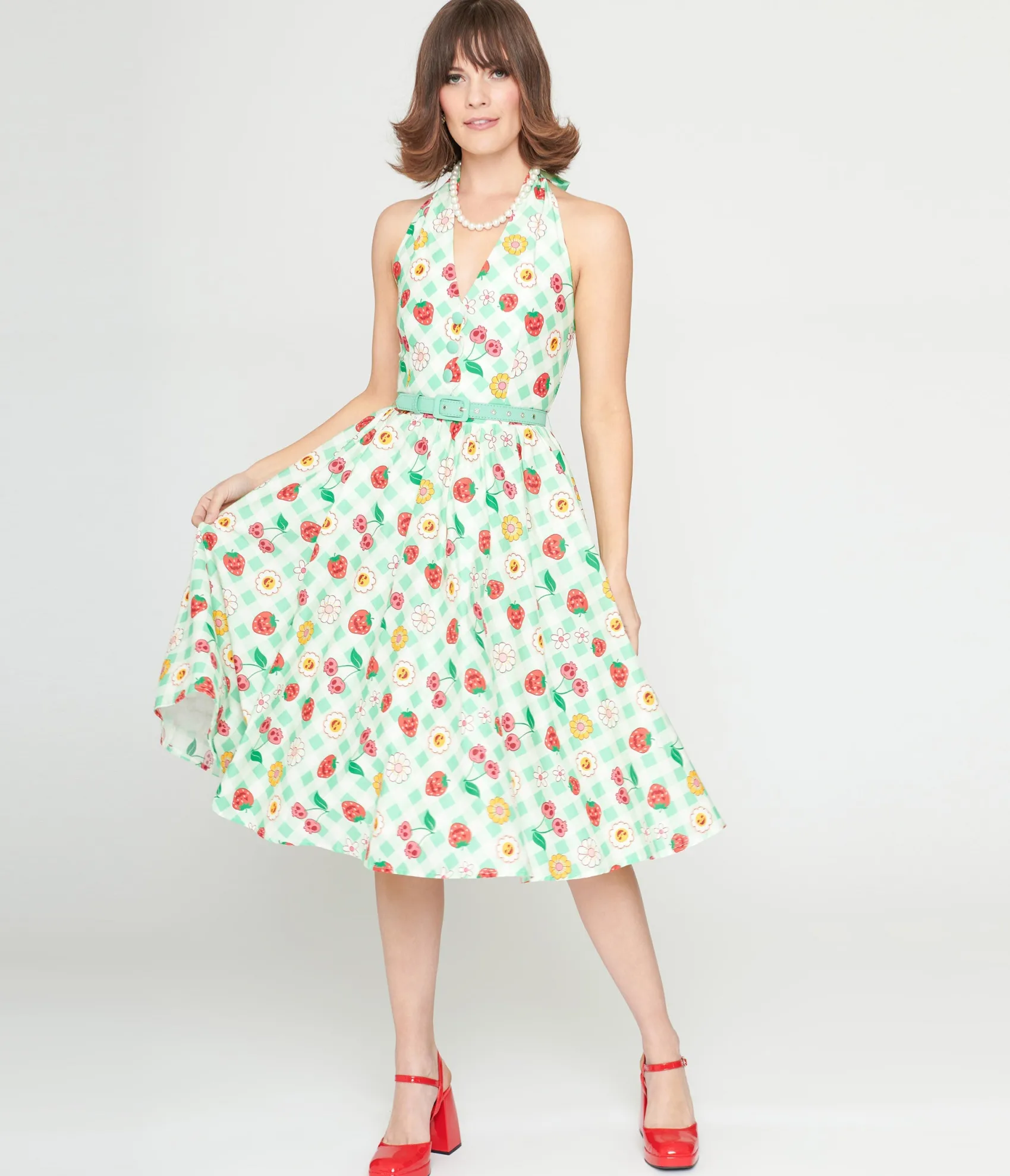 Unique Vintage 1950s Green Gingham Spooky Fruit Print Halter Swing Dress Outlet