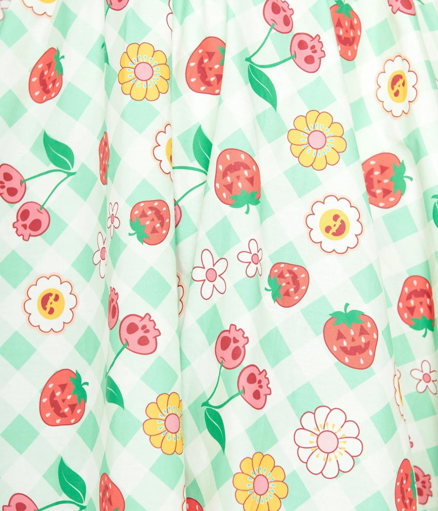 Unique Vintage 1950s Green Gingham Spooky Fruit Print Halter Swing Dress Outlet