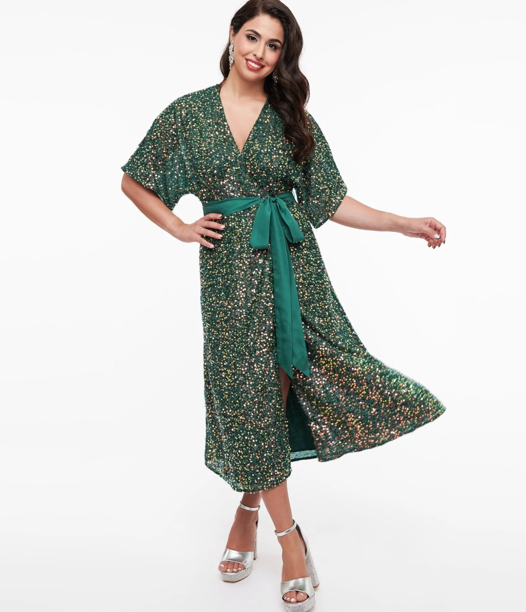 Unique Vintage 1960s Green Sequin Wrap Midi Dress Store