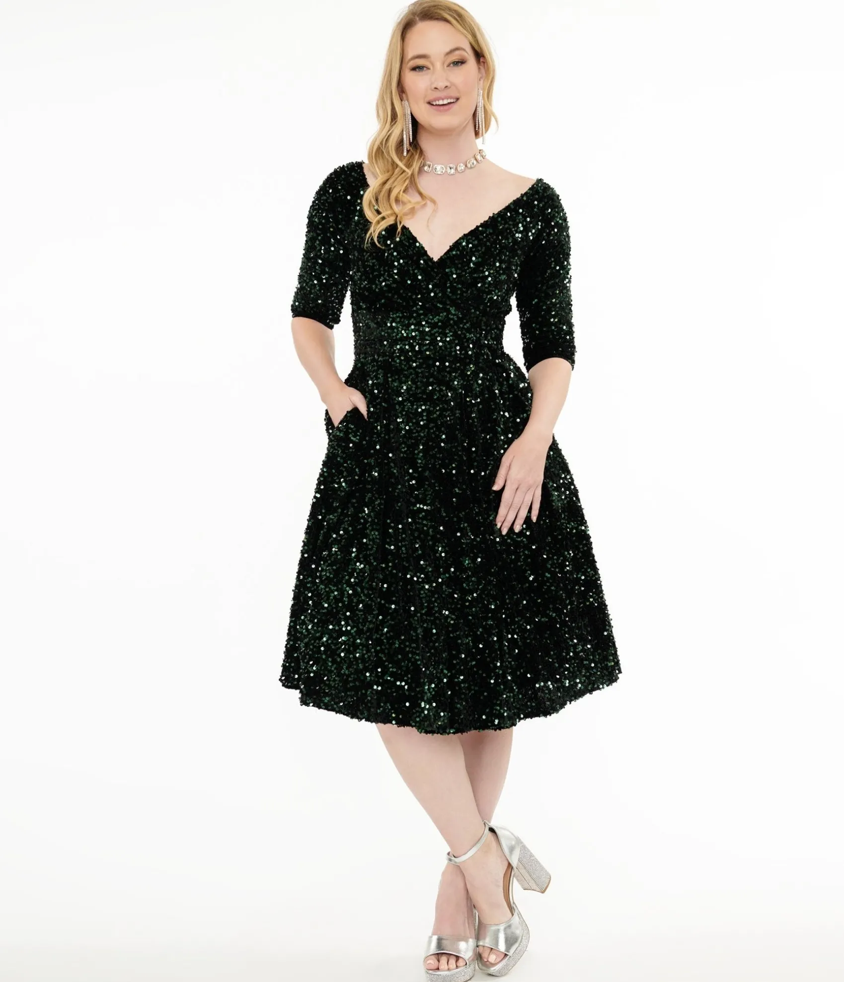 Unique Vintage 1950s Green Velvet Sequin Marceline Swing Dress Best Sale