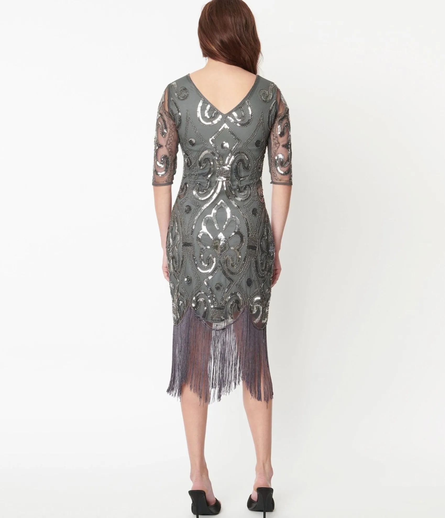 Unique Vintage 1920s Grey & Silver Beaded Lynette Flapper Dress Flash Sale