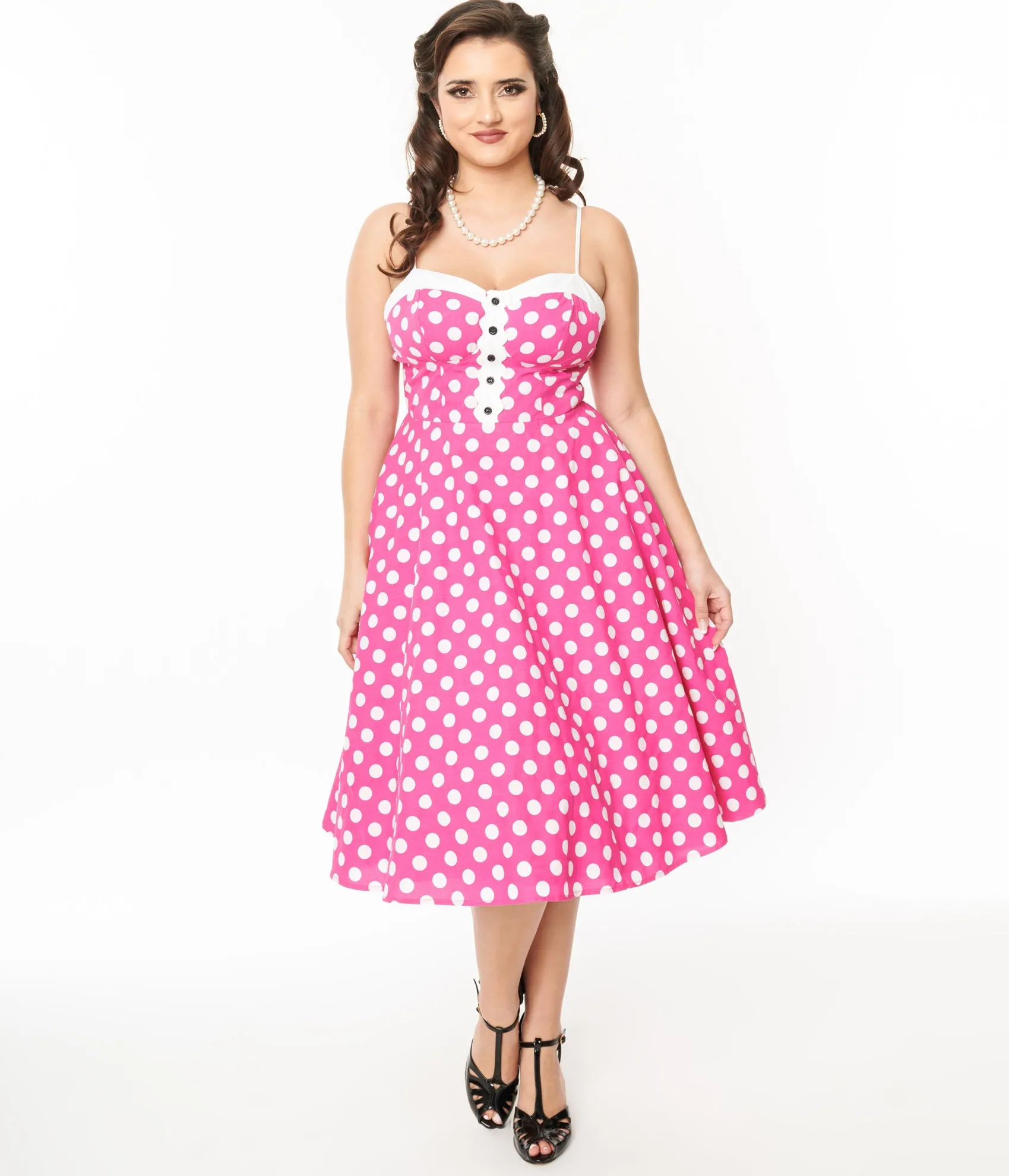 Unique Vintage 1950s Hot Pink & White Polka Dot Cotton Swing Dress New