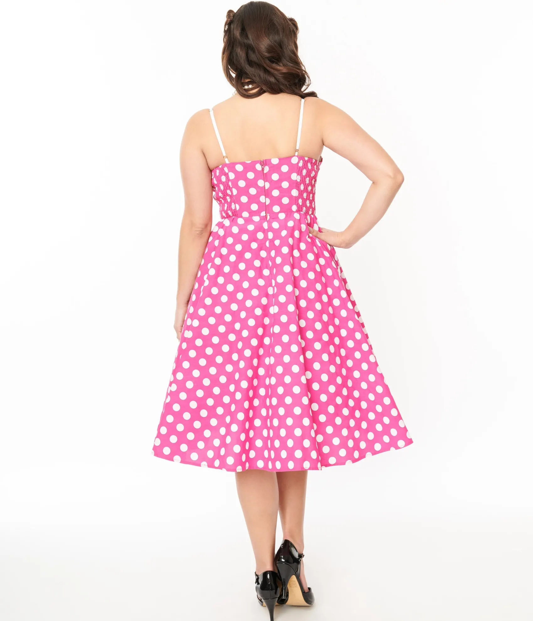 Unique Vintage 1950s Hot Pink & White Polka Dot Cotton Swing Dress New