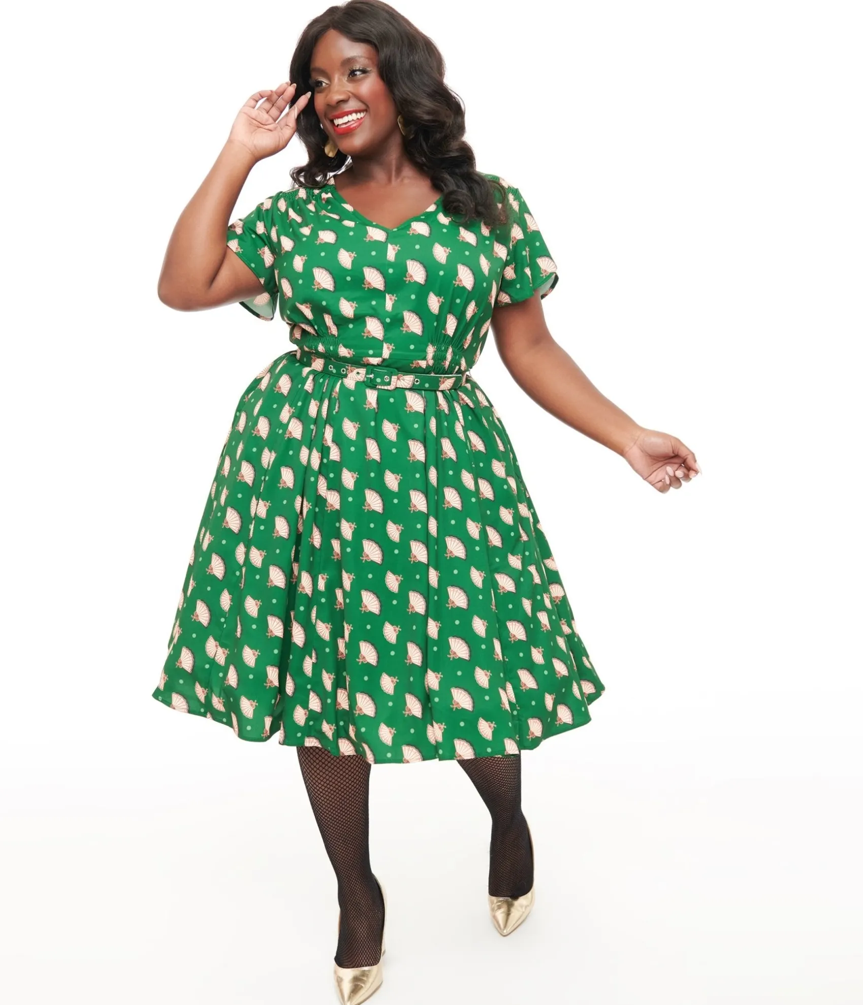 Unique Vintage 1940s Hunter Green Fan Print Tulip Sleeve Swing Dress Cheap