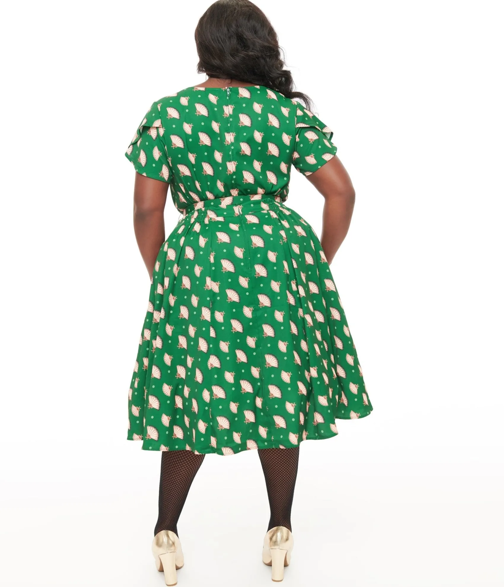 Unique Vintage 1940s Hunter Green Fan Print Tulip Sleeve Swing Dress Cheap