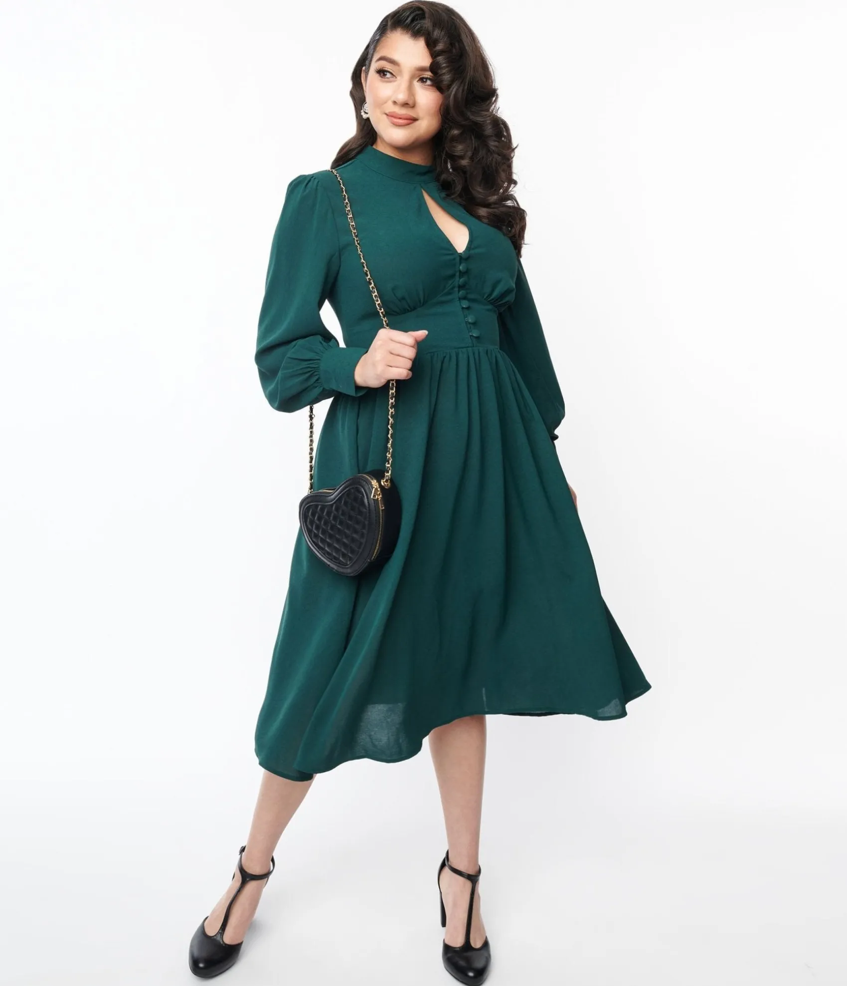 Unique Vintage 1970s Hunter Green Keyhole Swing Dress New