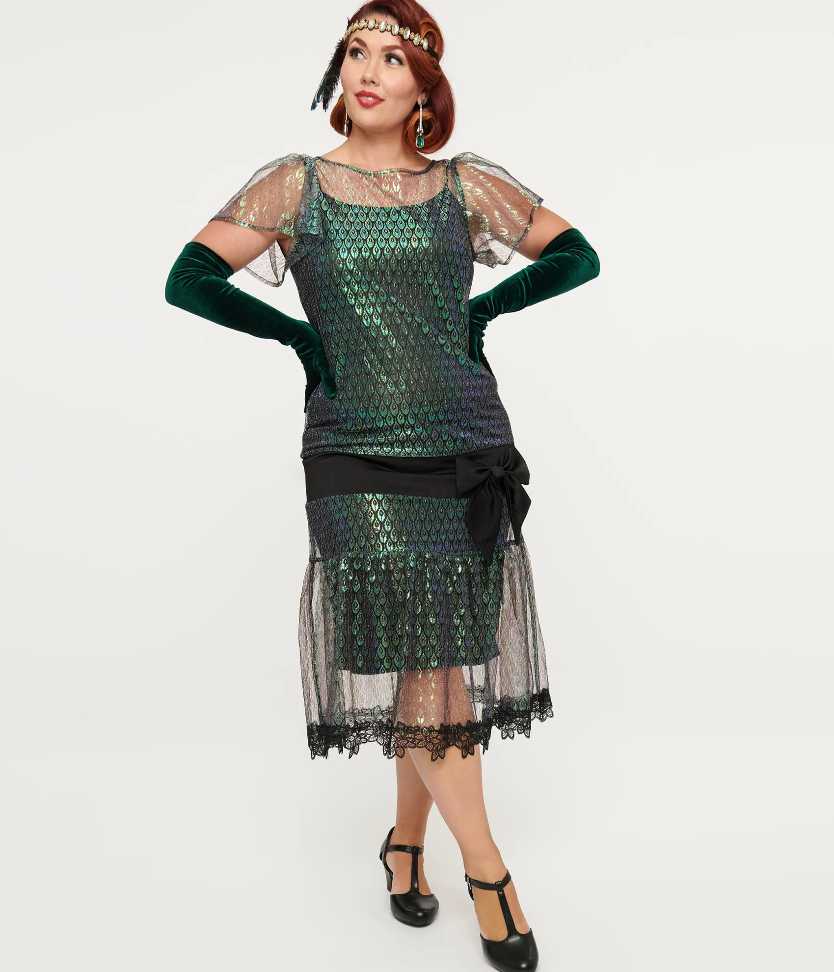 Unique Vintage 1920s Iridescent Peacock & Black Bow Flapper Dress Fashion