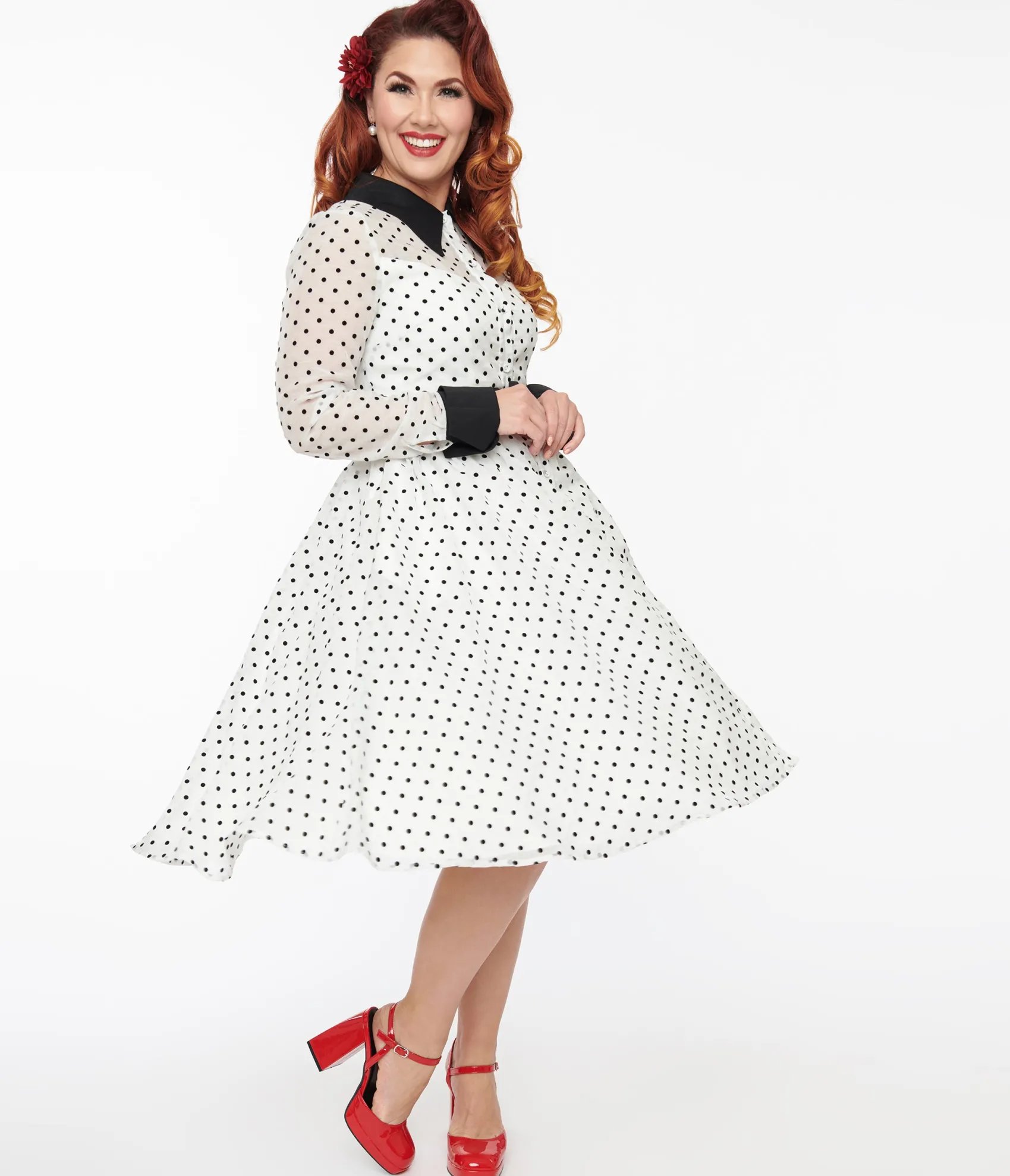 Unique Vintage 1950s Ivory & Black Polka Dot Tulle Swing Dress Flash Sale