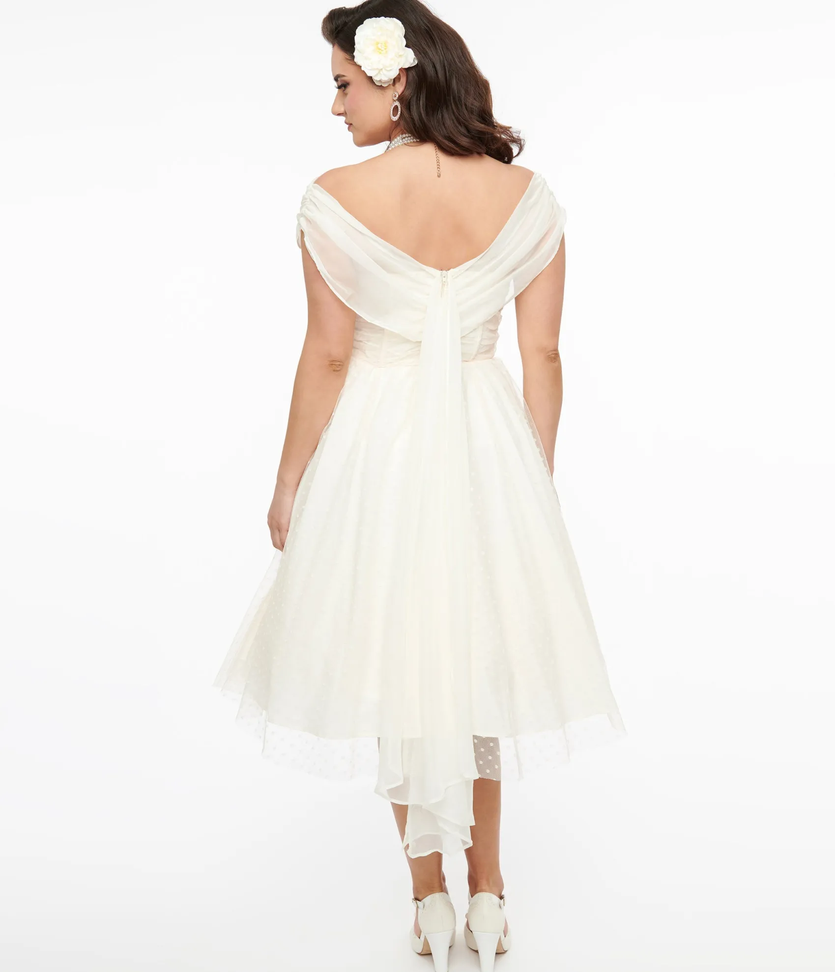 Unique Vintage 1950s Ivory Clip Dot Off The Shoulder Cocktail Dress Best Sale