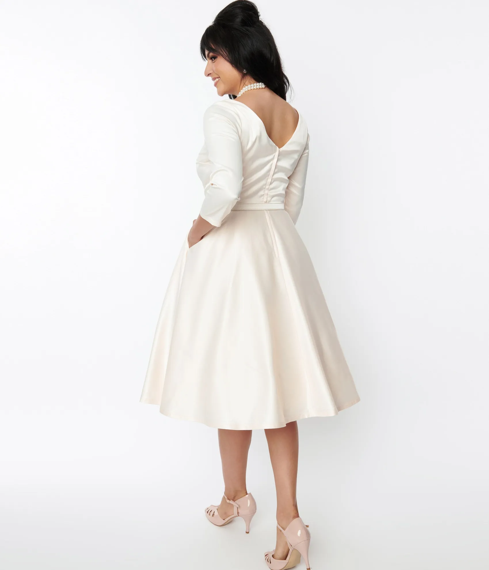 Unique Vintage 1950s Ivory Satin Devon Swing Dress Flash Sale