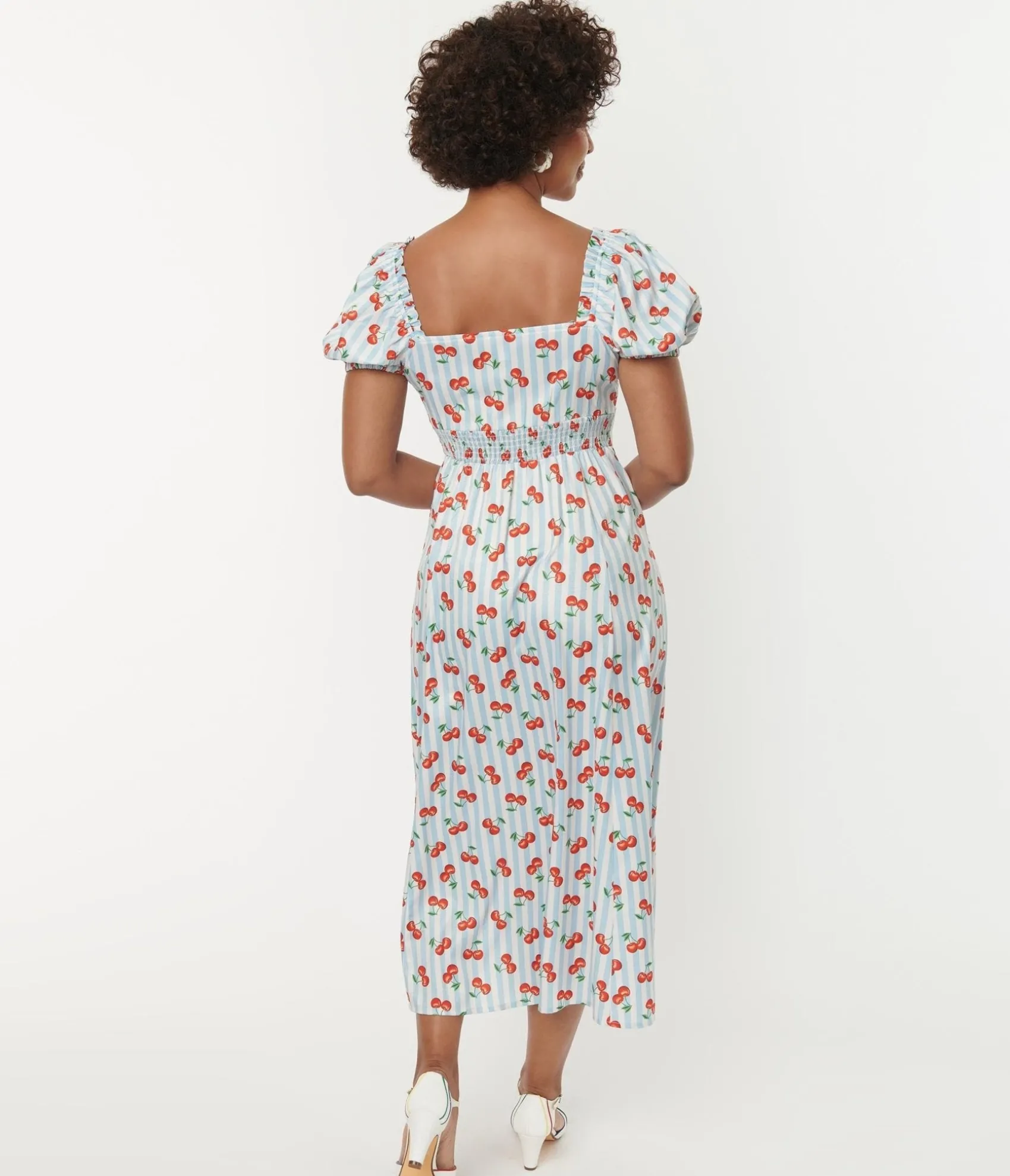 Unique Vintage 1940s Light Blue Stripe & Cherry Print Midi Dress Discount