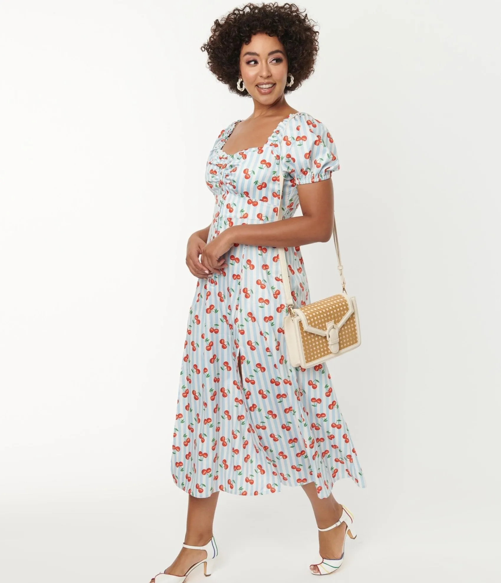 Unique Vintage 1940s Light Blue Stripe & Cherry Print Midi Dress Discount