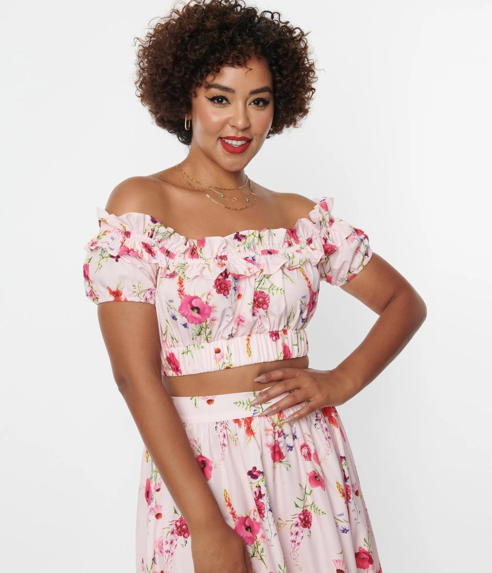 Unique Vintage 1970s Light Pink Floral Ruffle Up Crop Top Flash Sale