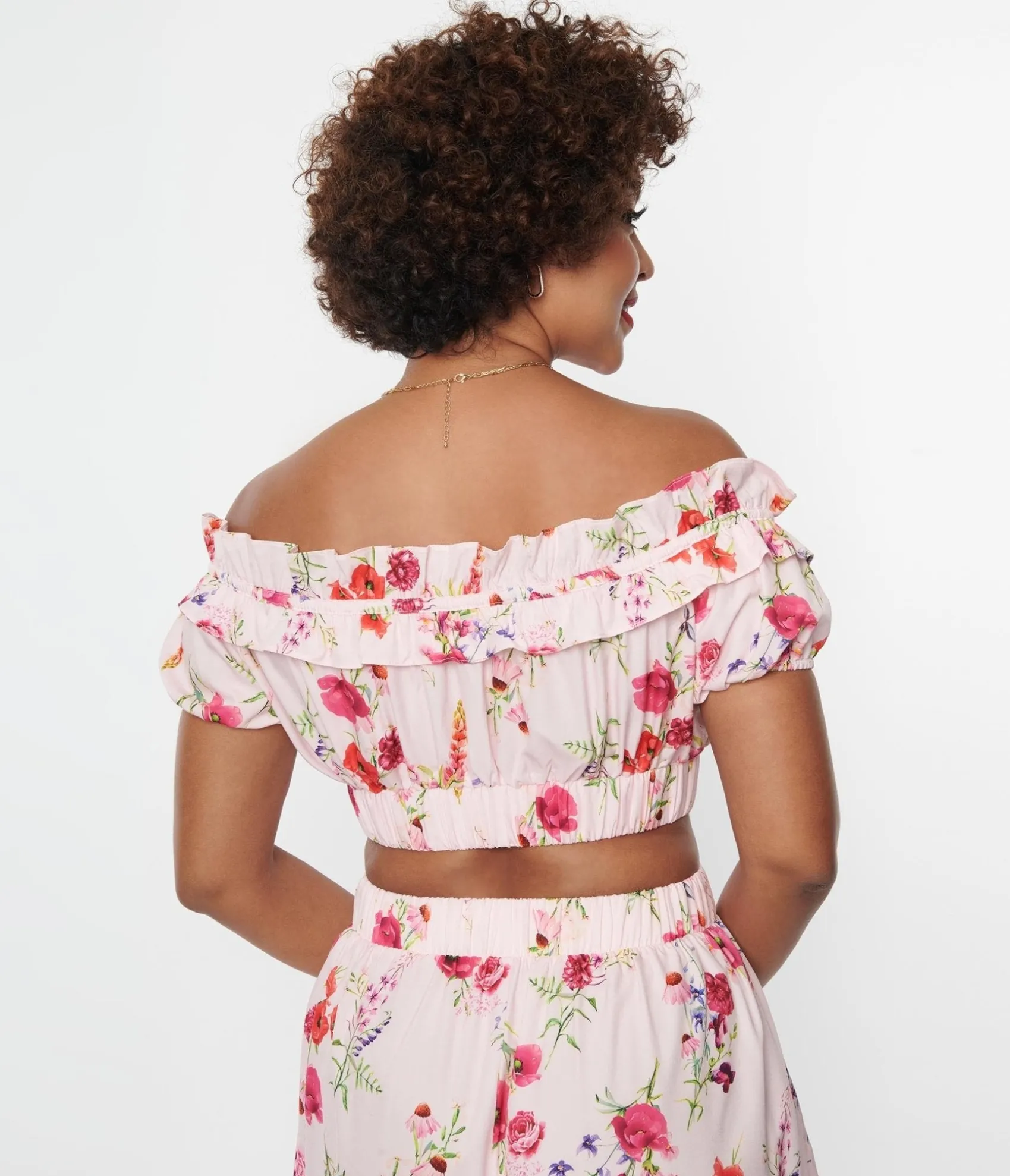 Unique Vintage 1970s Light Pink Floral Ruffle Up Crop Top Flash Sale
