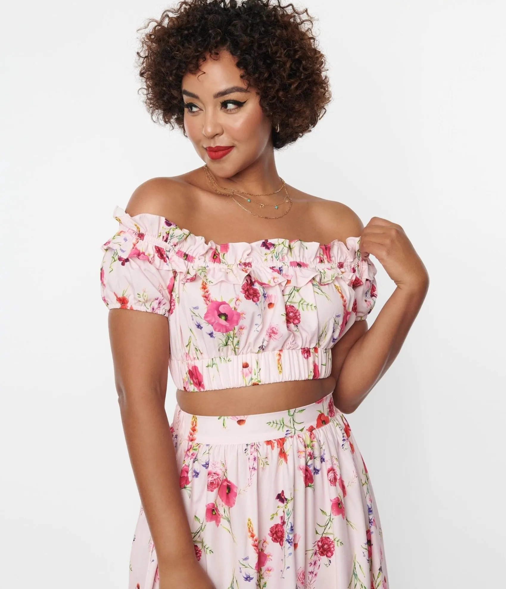 Unique Vintage 1970s Light Pink Floral Ruffle Up Crop Top Flash Sale