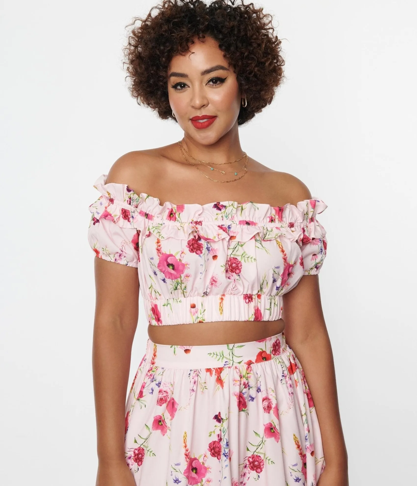 Unique Vintage 1970s Light Pink Floral Ruffle Up Crop Top Flash Sale
