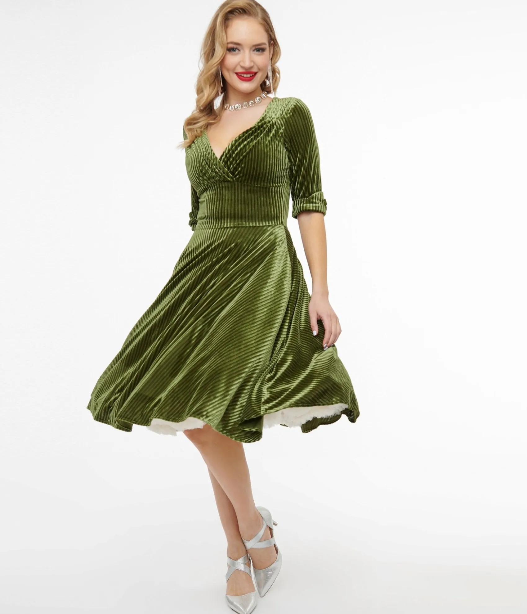 Unique Vintage 1950s Moss Green Velvet Delores Swing Dress Best
