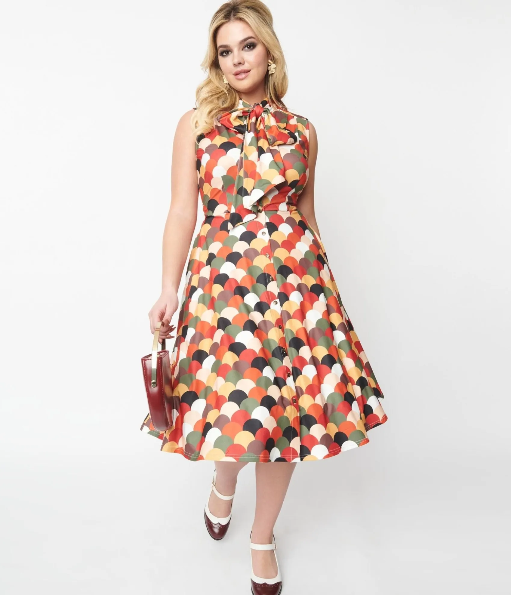 Unique Vintage 1940s Multicolor Scallop Print Ribboned Swing Dress Best