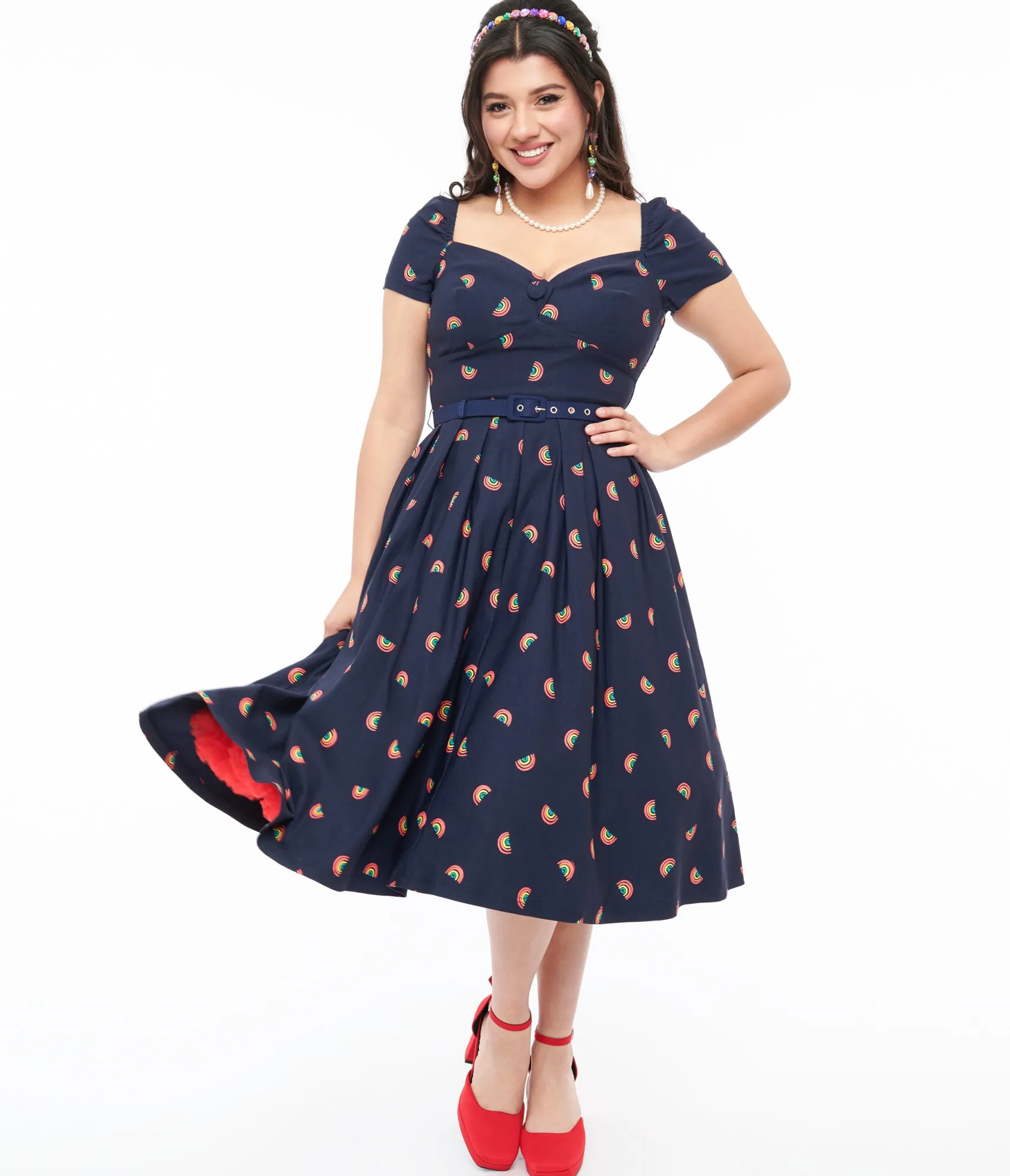 Unique Vintage 1950s Navy & Rainbow Stamp Midge Swing Dress New