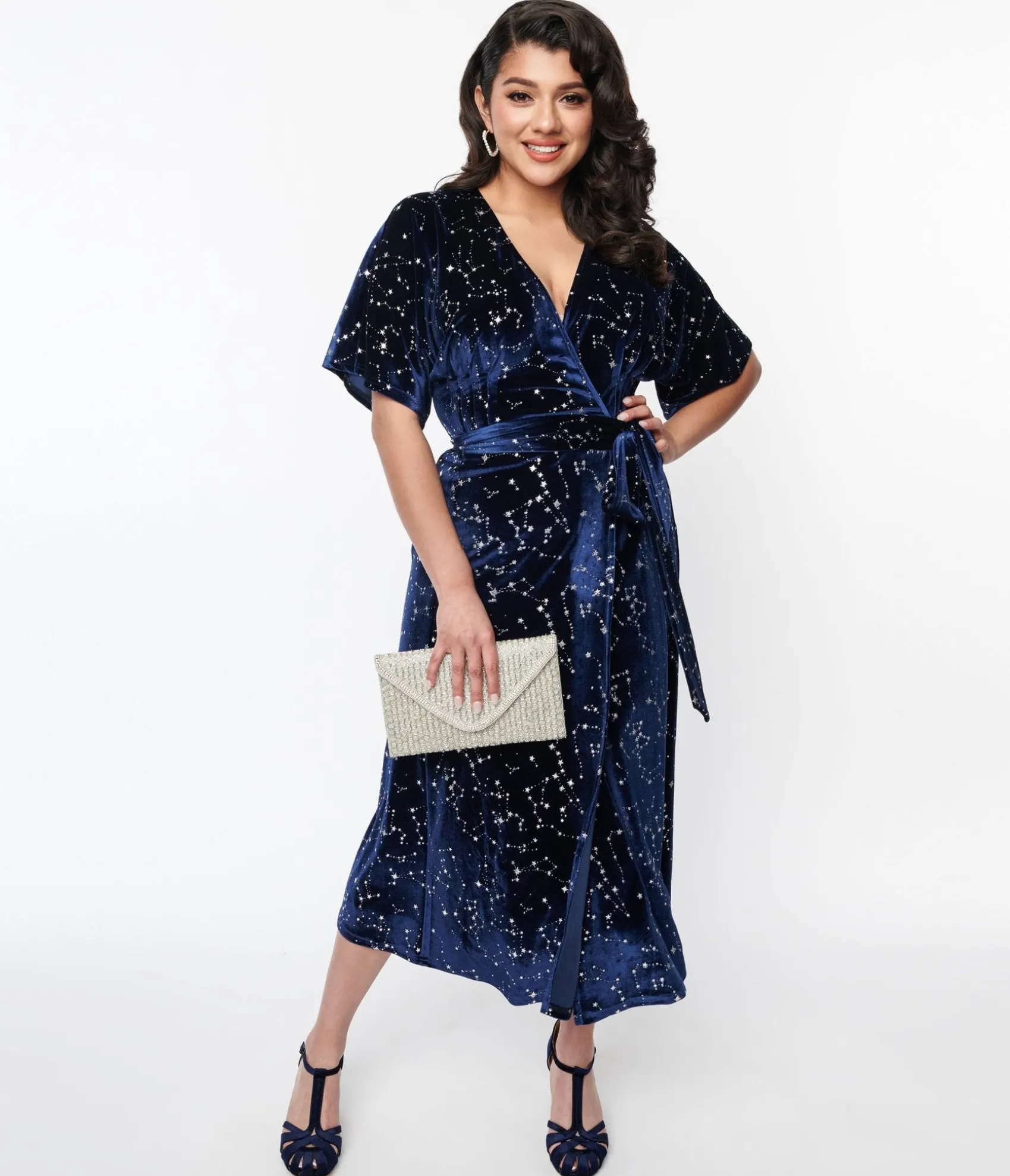 Unique Vintage 1970s Navy & Silver Stars Velvet Wrap Midi Dress Cheap