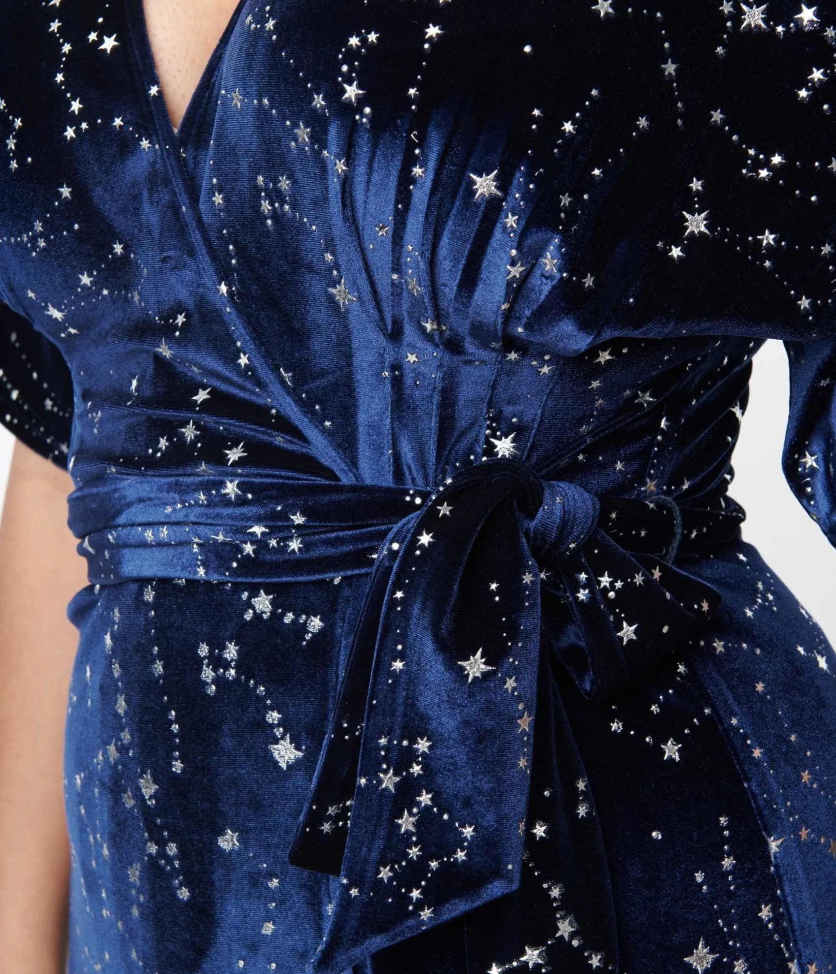 Unique Vintage 1970s Navy & Silver Stars Velvet Wrap Midi Dress Cheap
