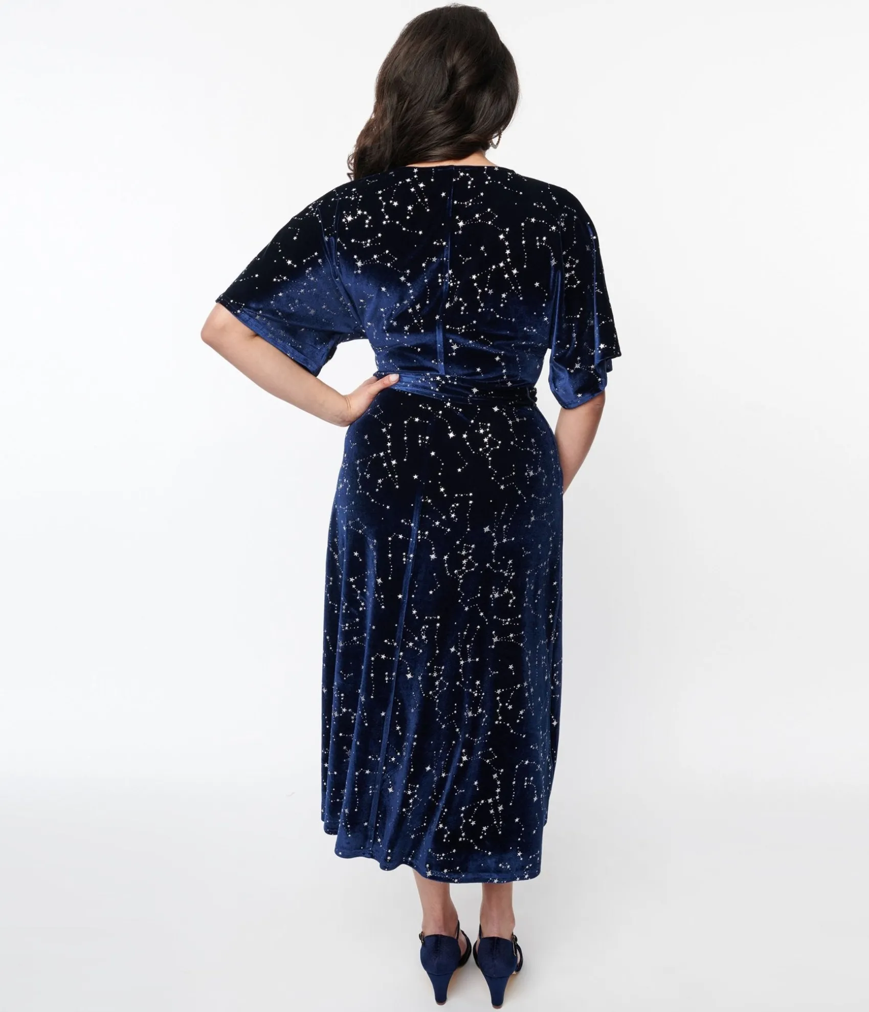 Unique Vintage 1970s Navy & Silver Stars Velvet Wrap Midi Dress Cheap