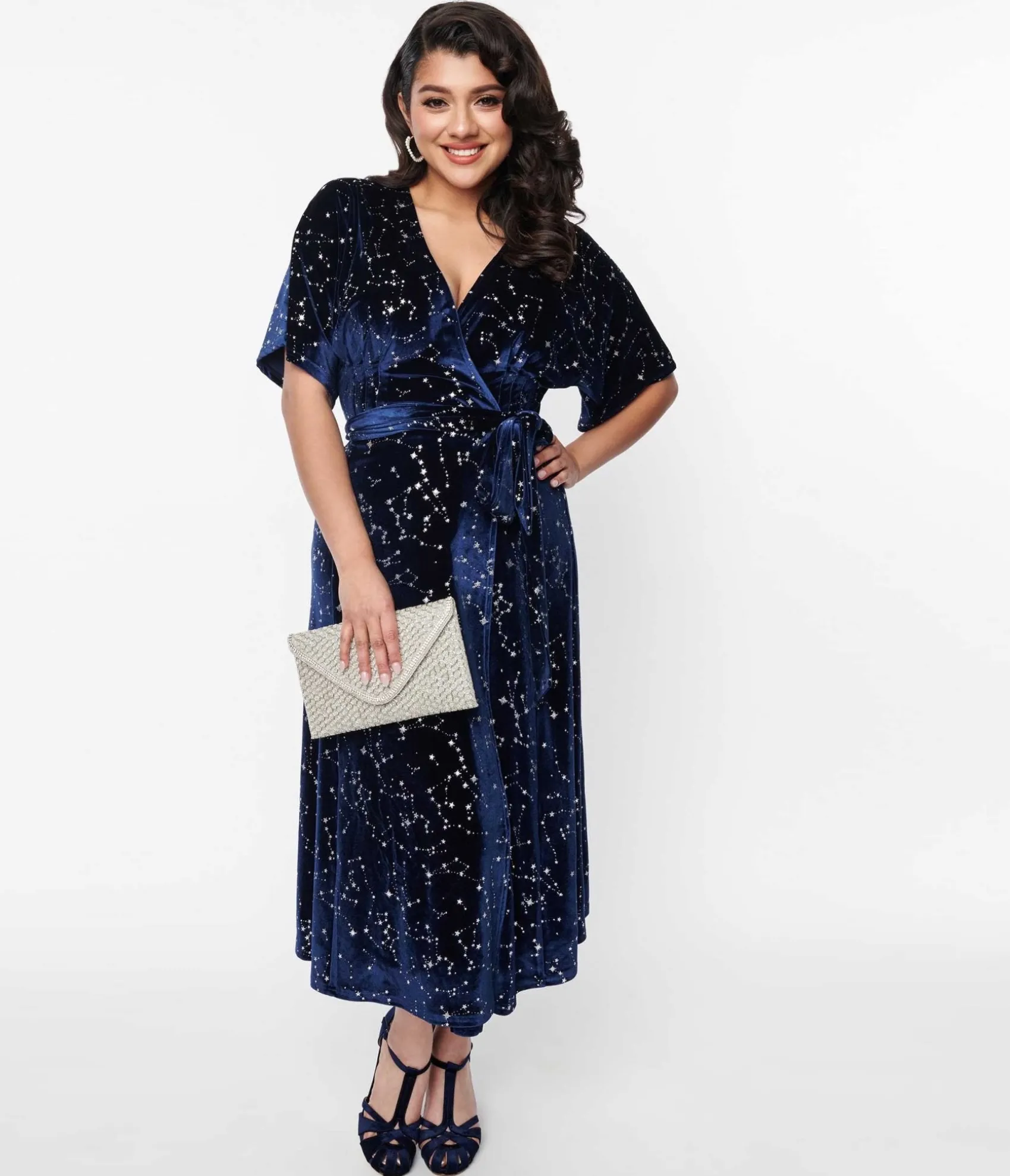 Unique Vintage 1970s Navy & Silver Stars Velvet Wrap Midi Dress Cheap