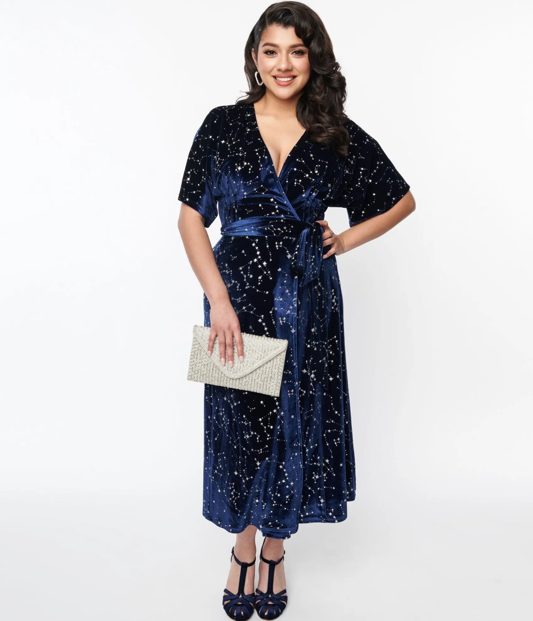 Unique Vintage 1970s Navy & Silver Stars Velvet Wrap Midi Dress Cheap