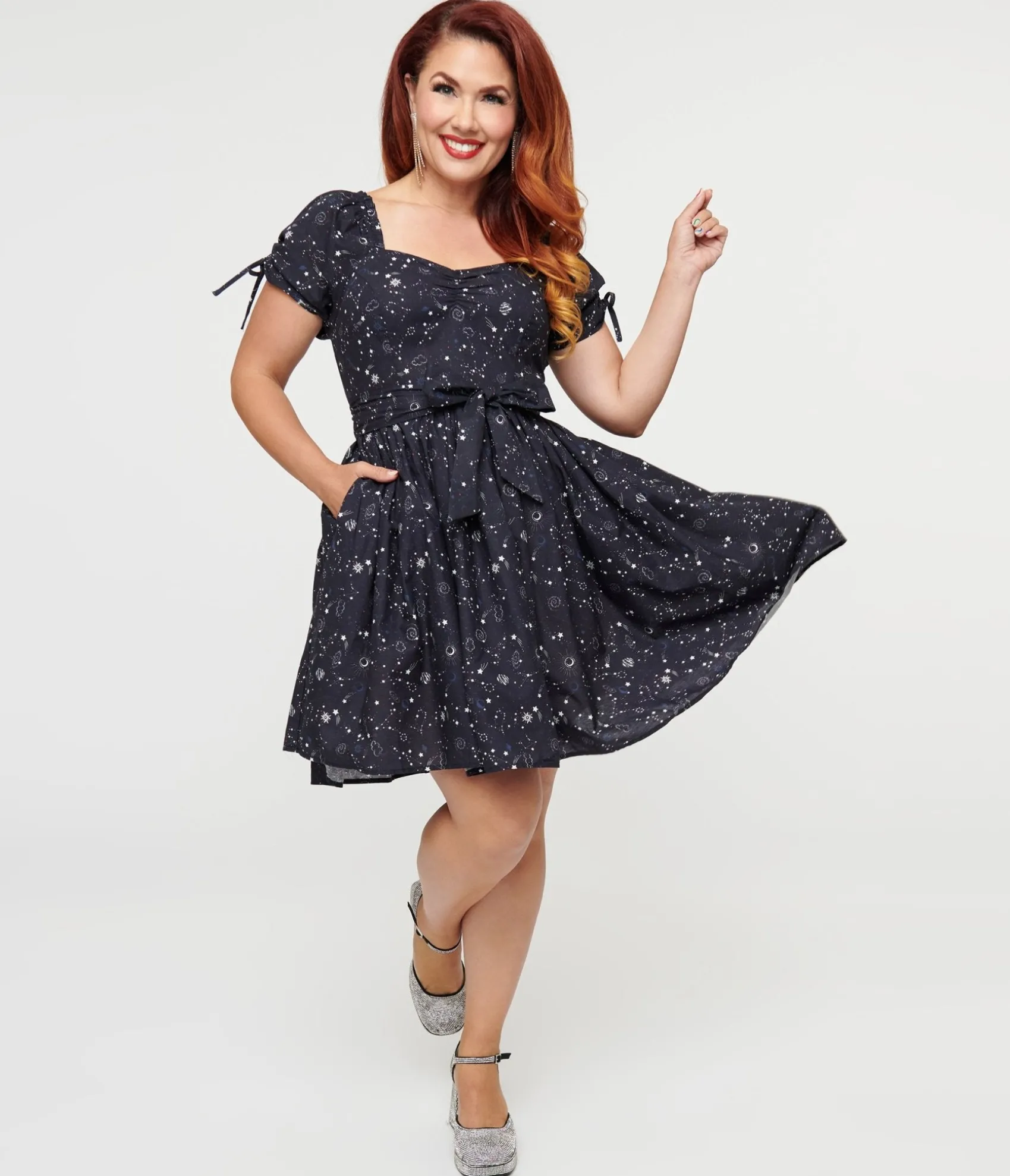 Unique Vintage 1950s Navy Cosmos Print Swing Dress Store