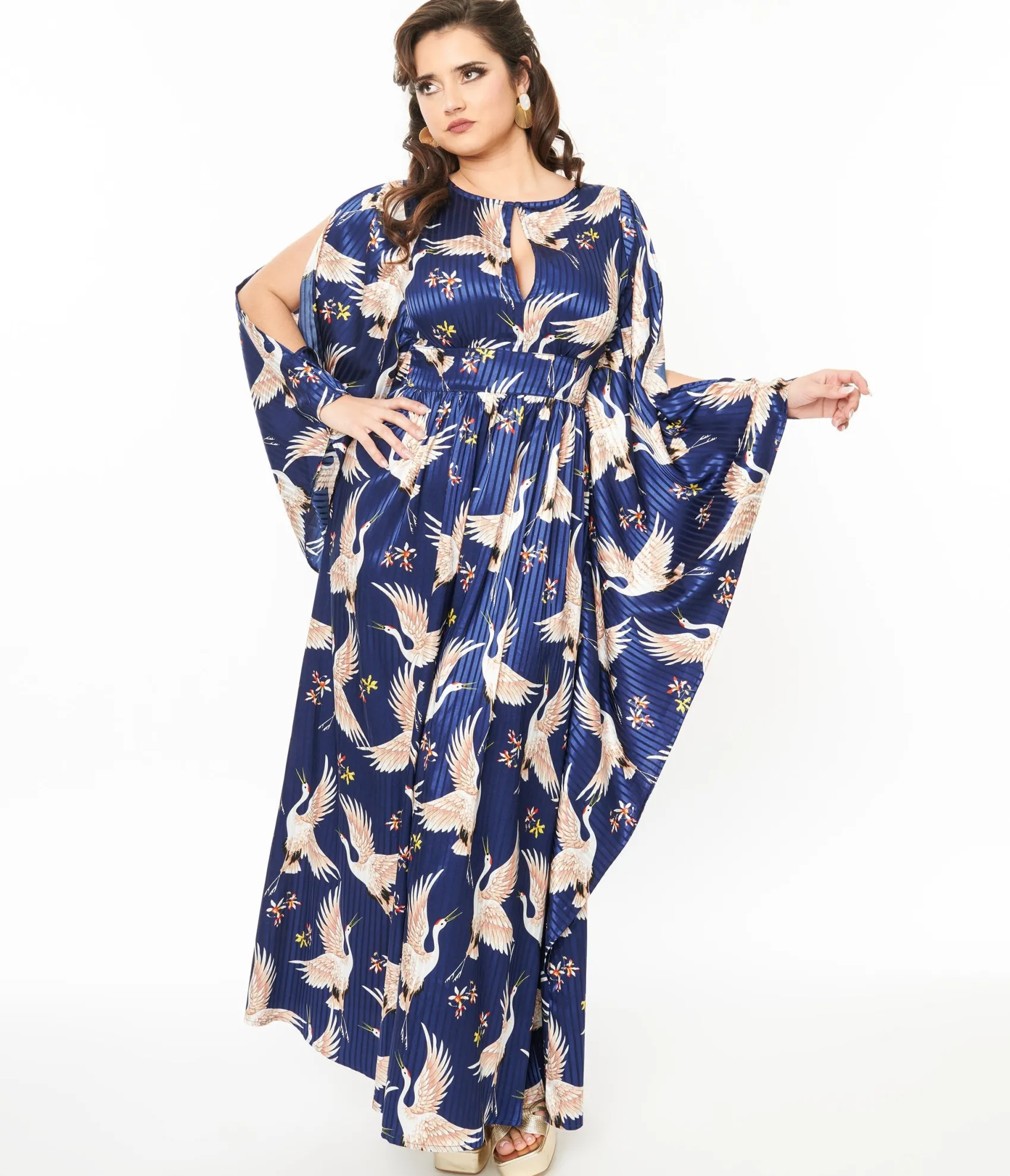 Unique Vintage 1960s Navy Crane Flutter Sleeve Caftan Flash Sale