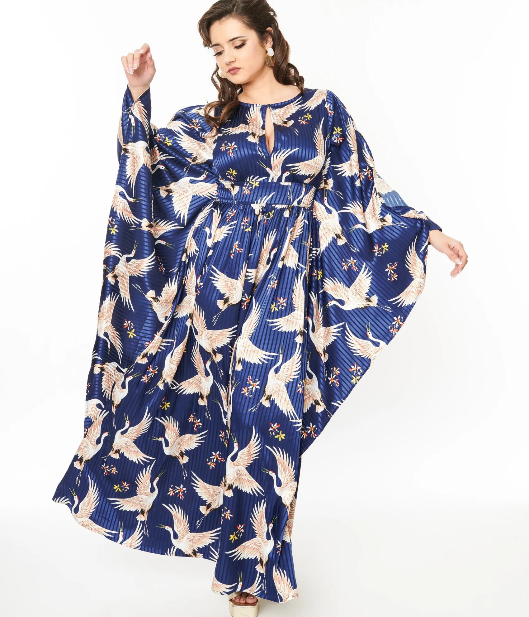 Unique Vintage 1960s Navy Crane Flutter Sleeve Caftan Flash Sale