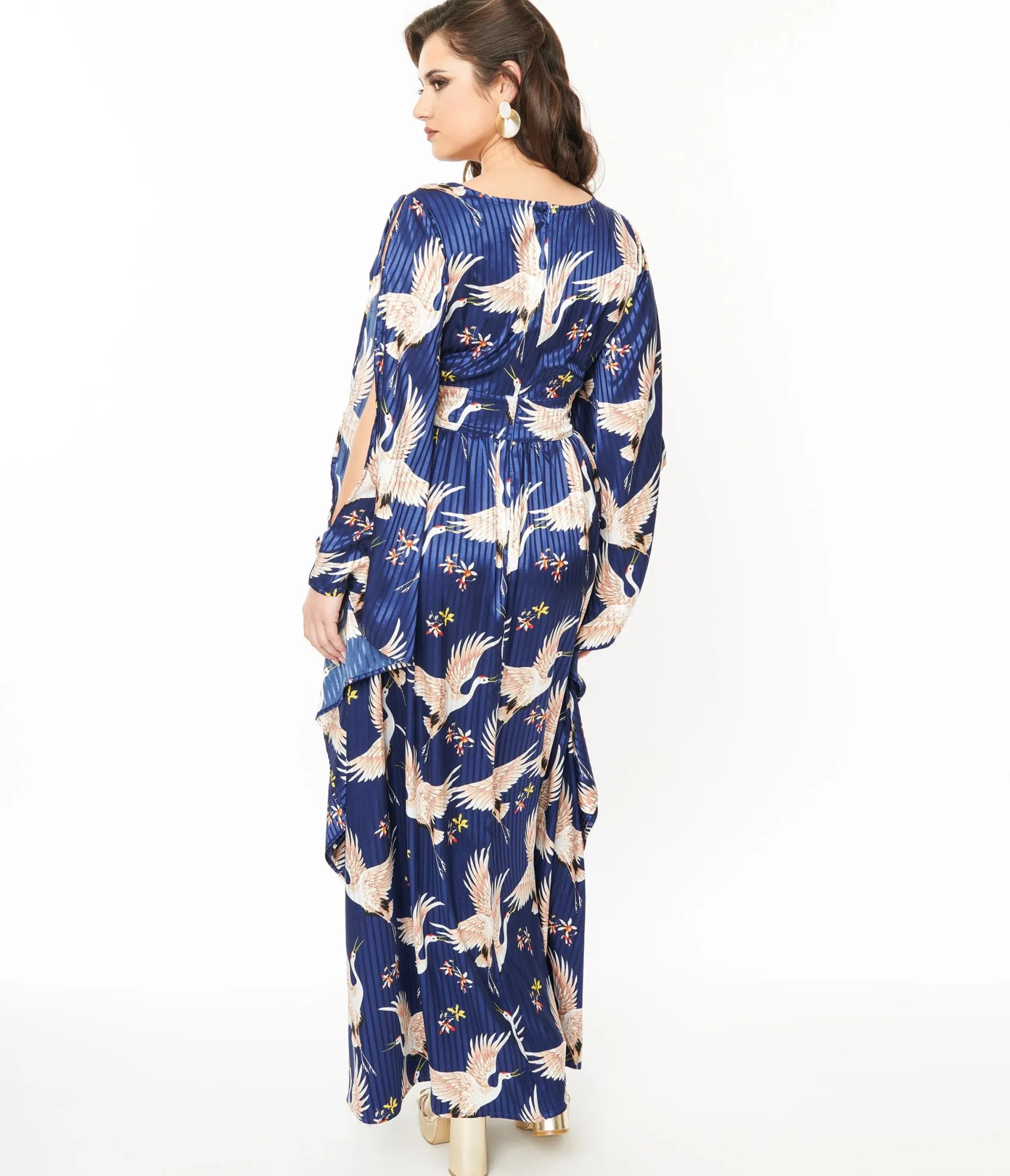 Unique Vintage 1960s Navy Crane Flutter Sleeve Caftan Flash Sale