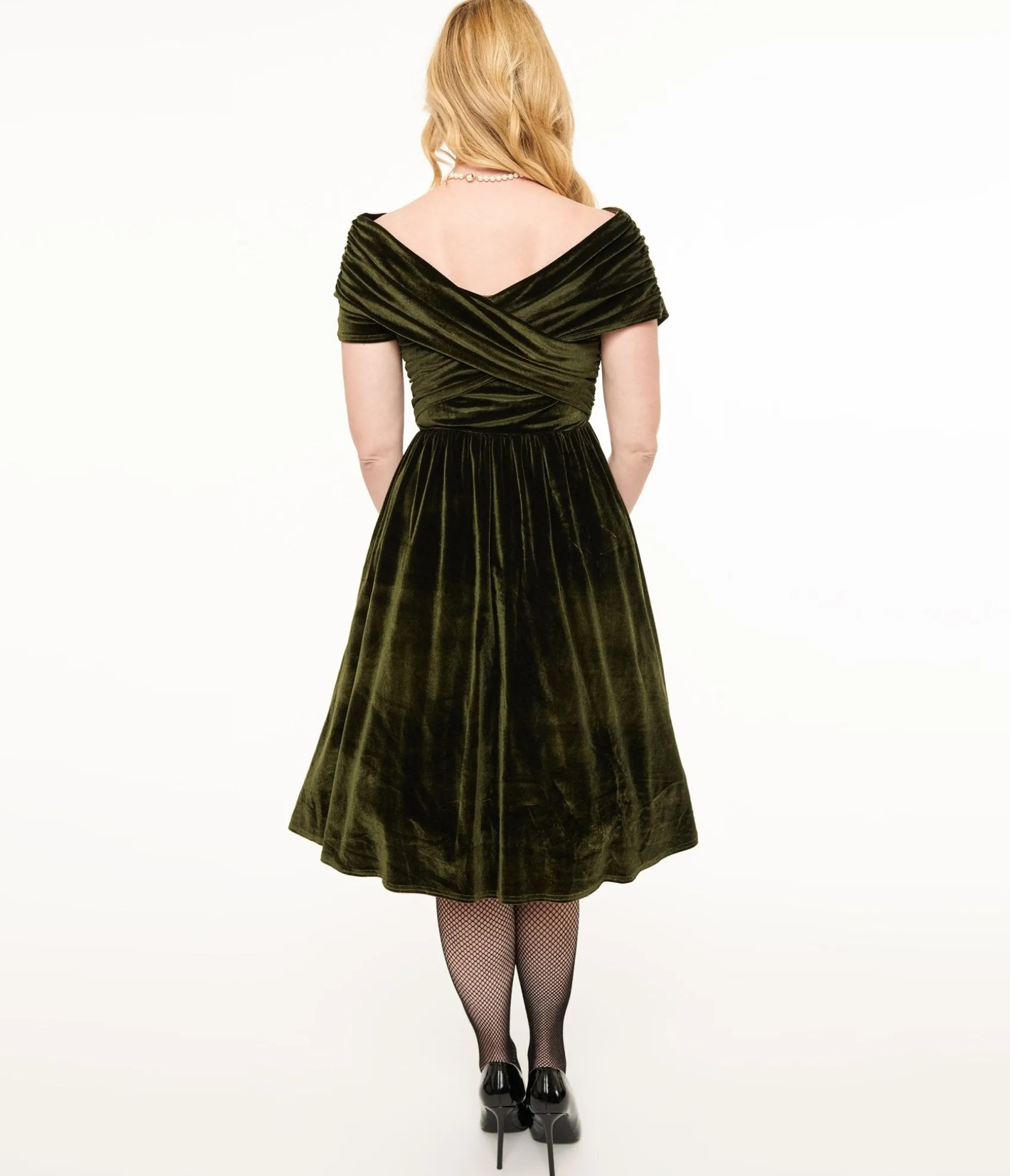Unique Vintage 1950s Olive Green Shirred Velvet Swing Dress Cheap