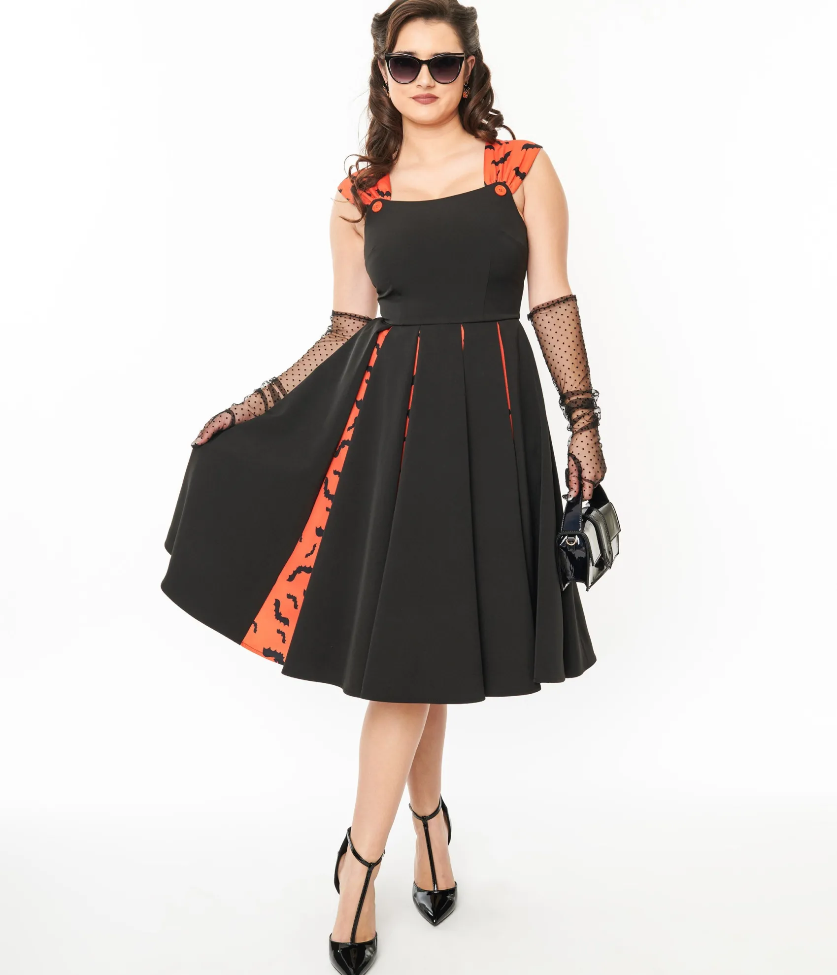 Unique Vintage 1950s Orange & Black Bat Stripe Swing Dress Online