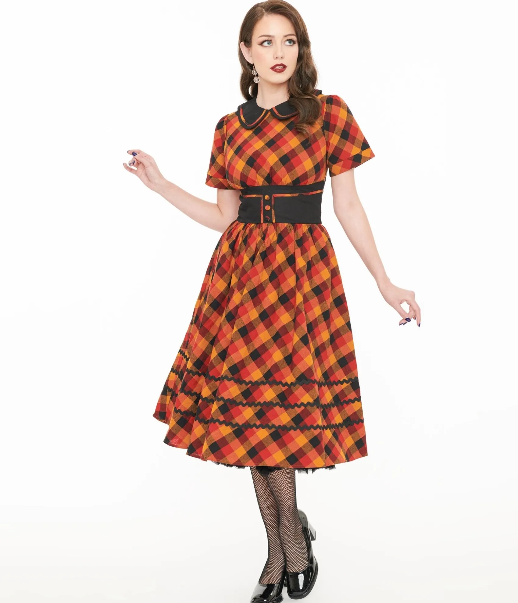 Unique Vintage 1950s Orange & Red Plaid Peter Pan Collar Swing Dress Store
