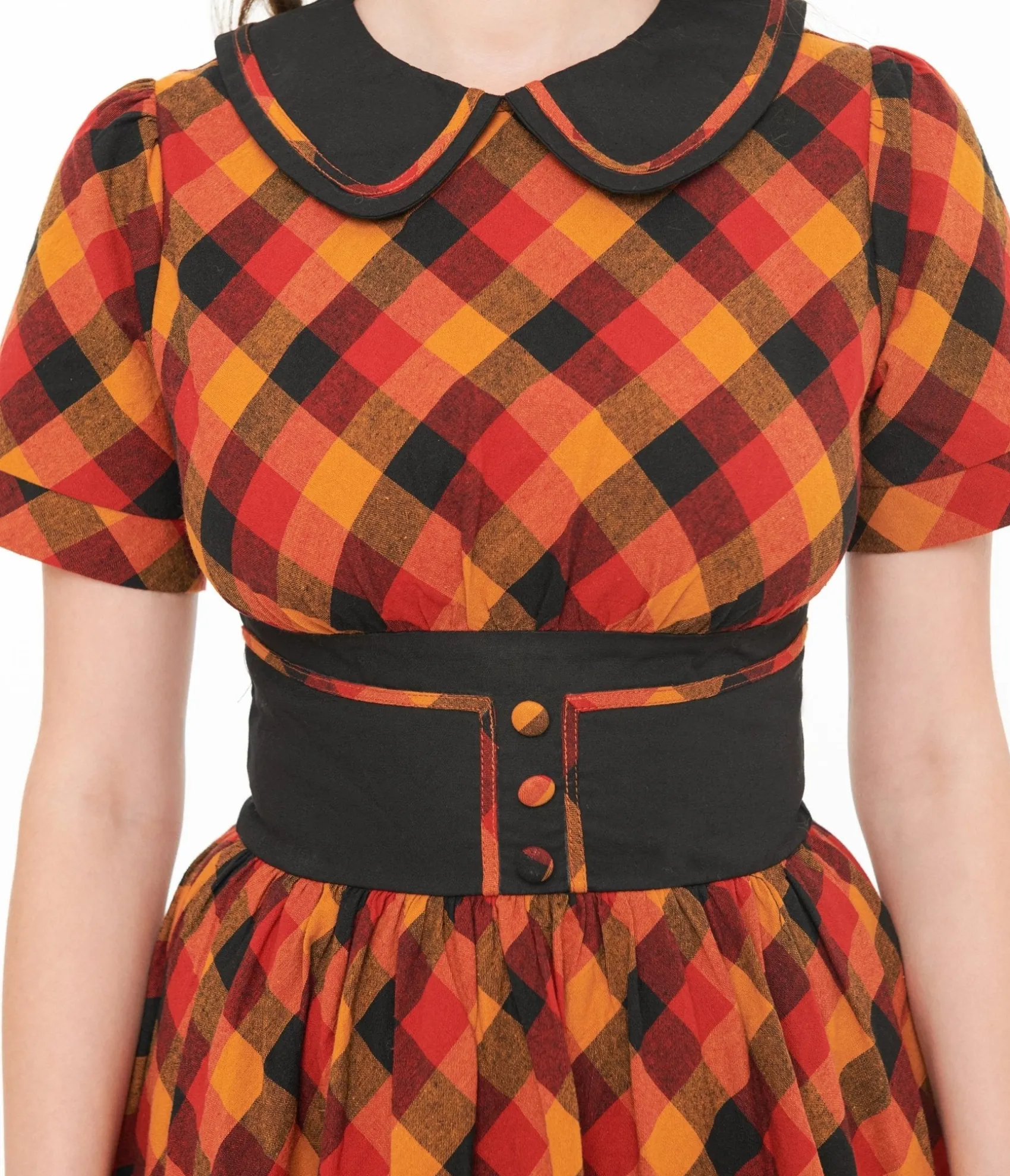Unique Vintage 1950s Orange & Red Plaid Peter Pan Collar Swing Dress Store
