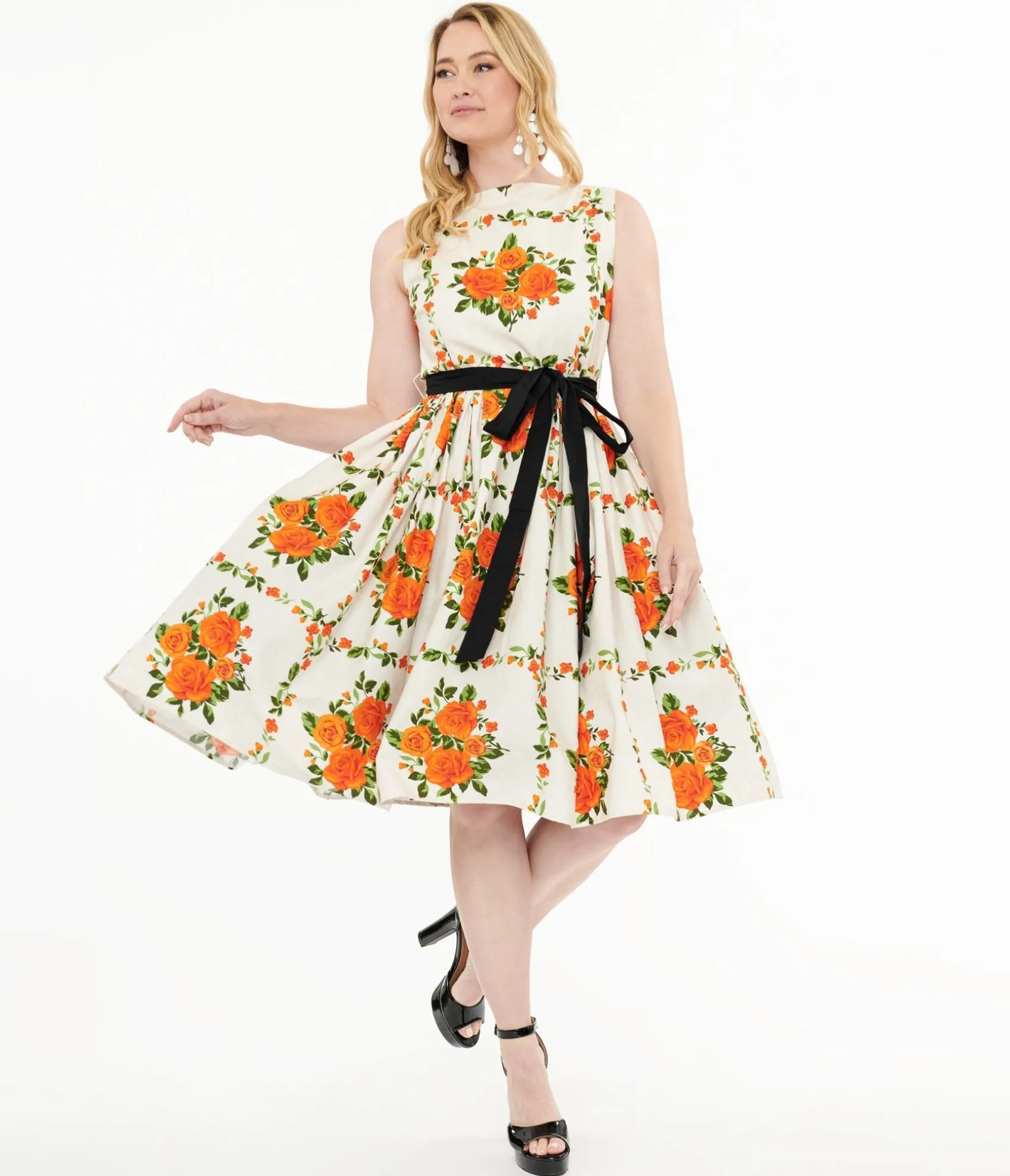 Unique Vintage 1950s Orange Fall Floral Sleeveless Swing Dress Online