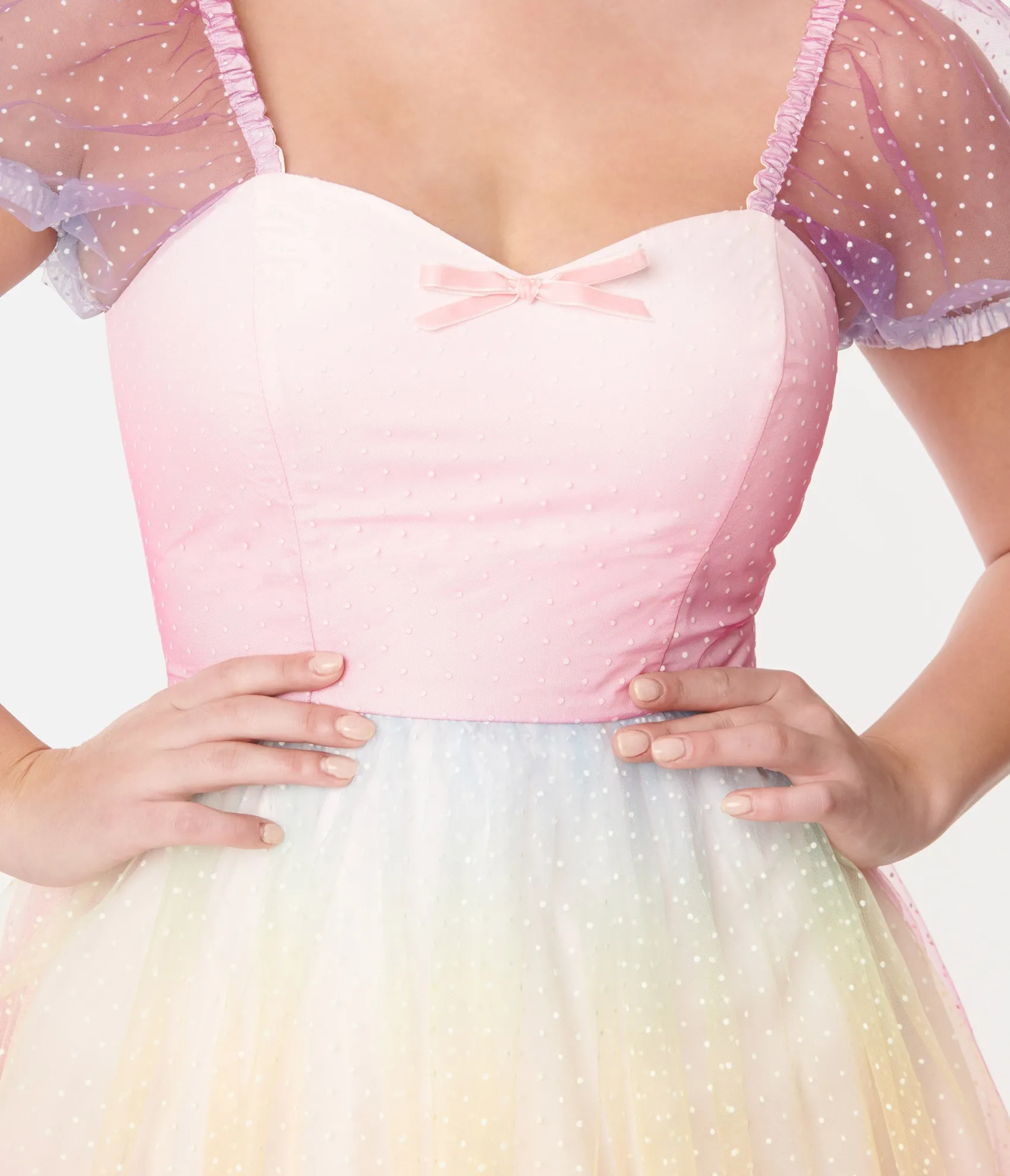 Unique Vintage 1950s Pastel Rainbow Ombre Clip Dot Tulle Sweetheart Fit & Flare Dress Hot