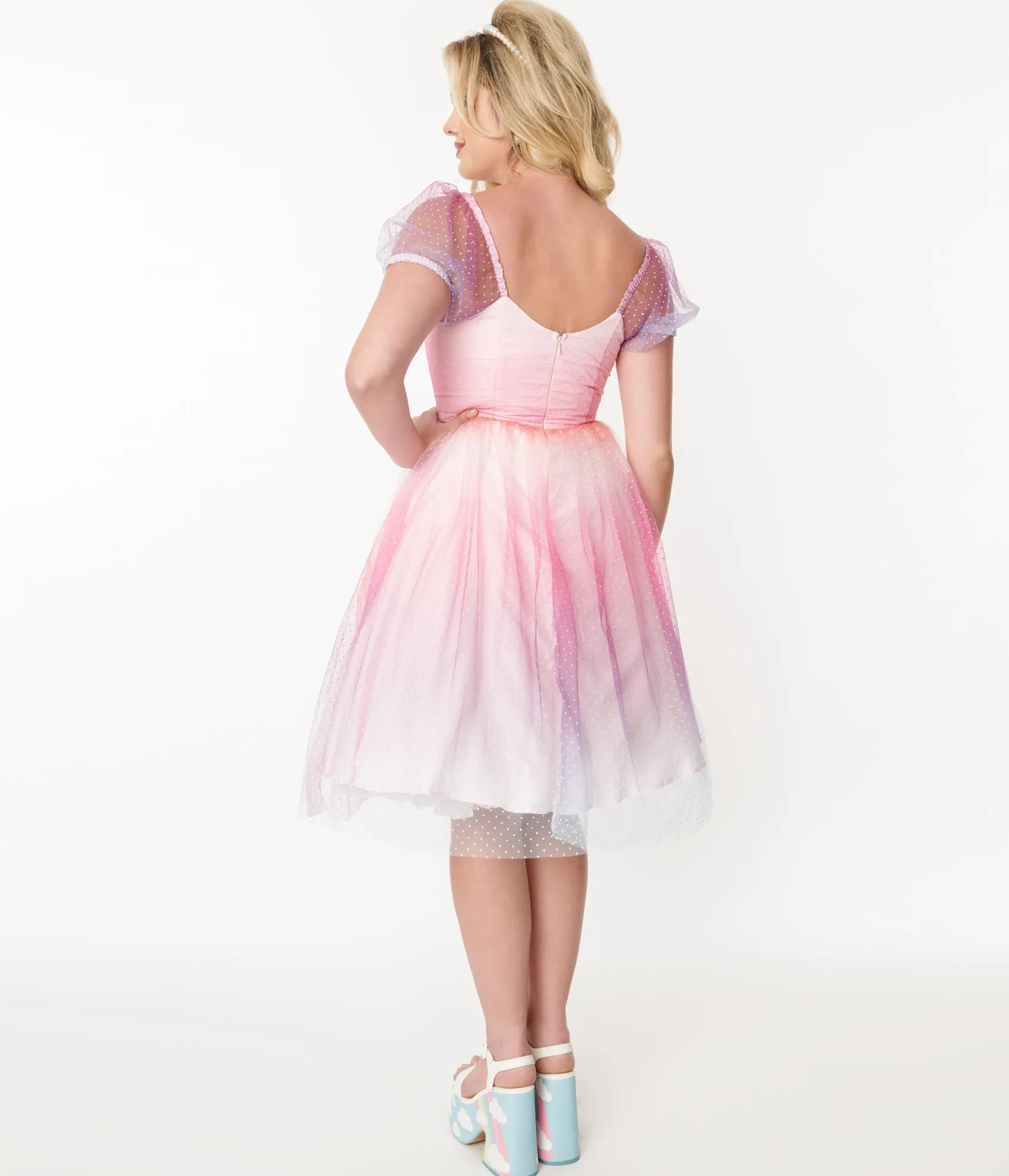 Unique Vintage 1950s Pastel Rainbow Ombre Clip Dot Tulle Sweetheart Fit & Flare Dress Hot