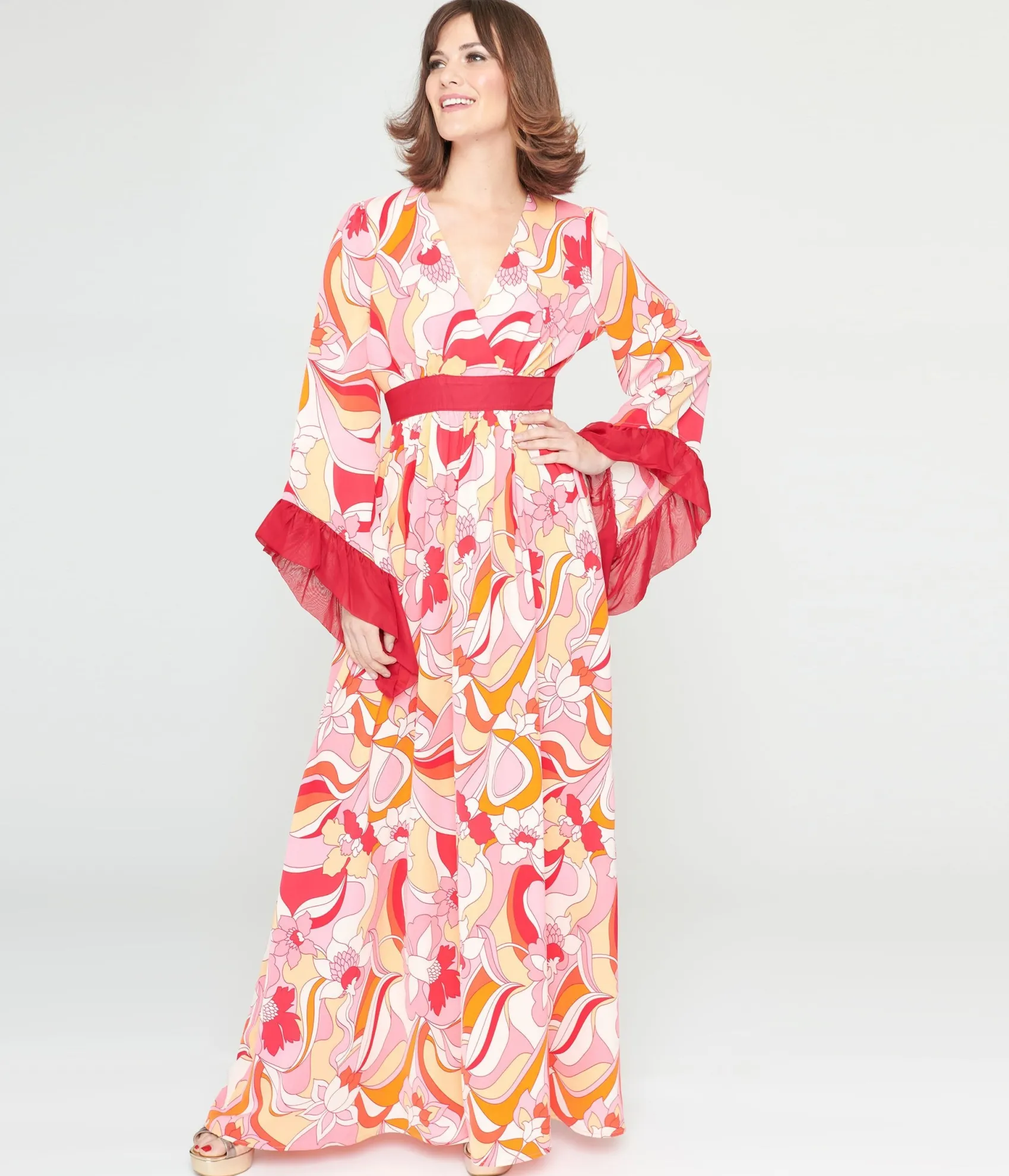 Unique Vintage 1970s Pink & Red Psychedelic Floral Maxi Dress Cheap